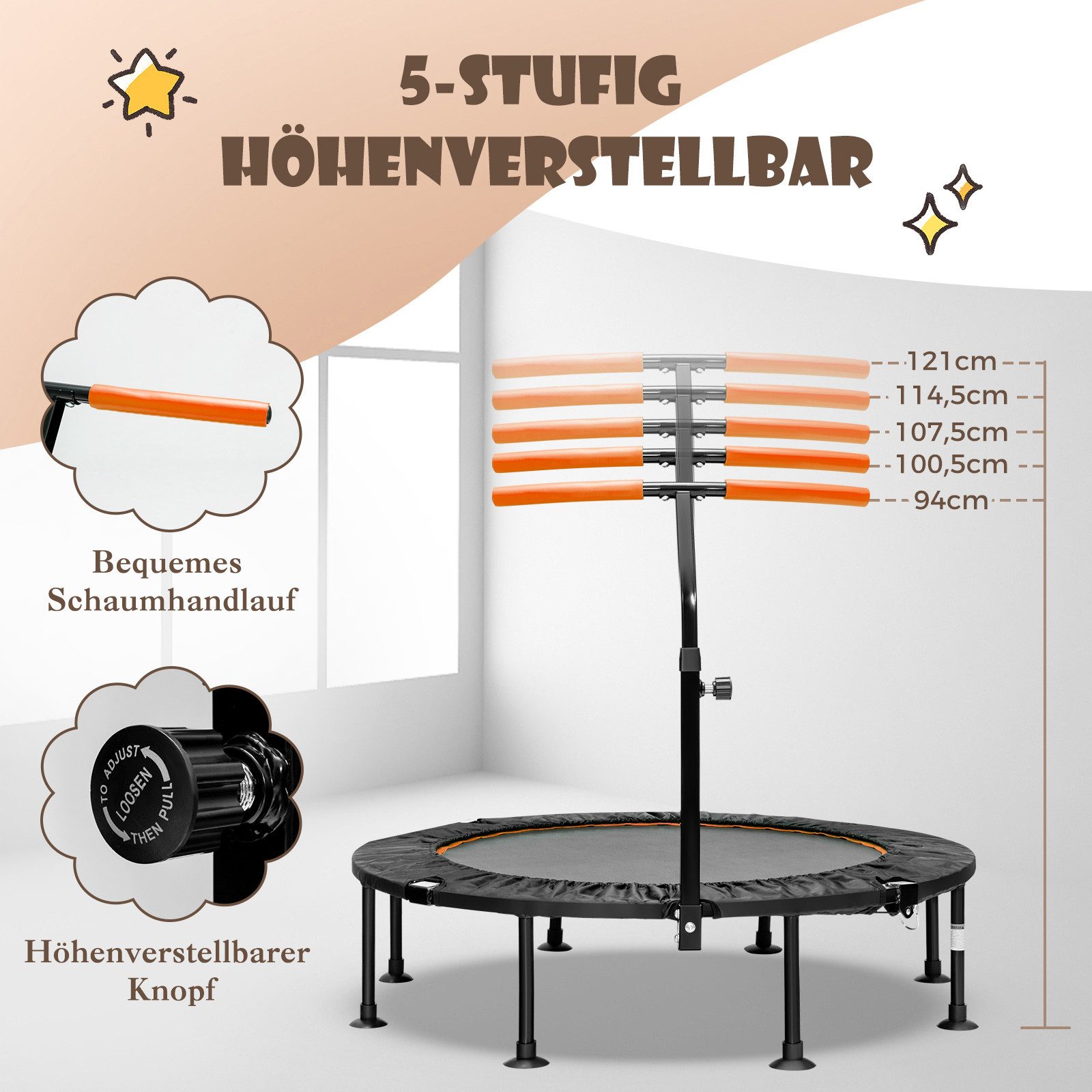 COSTWAY Fitnesstrampolin, φ110cm, mit 5 stufig höhenverstellbarem Griff