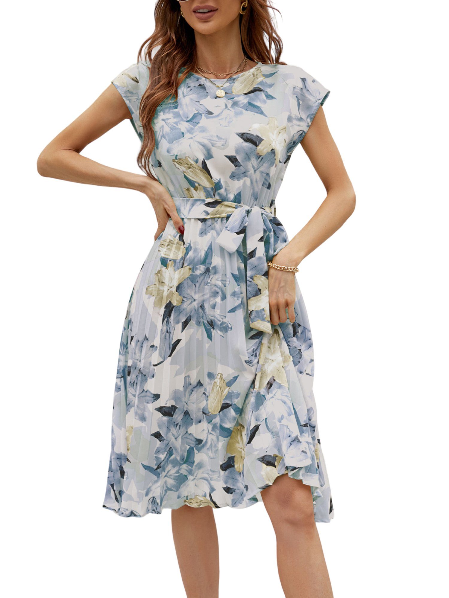 PYL A-Linien-Kleid Damen Chiffon Druckkleid mit Selbst Gürtel,Sommerkleid  36-42 Größe