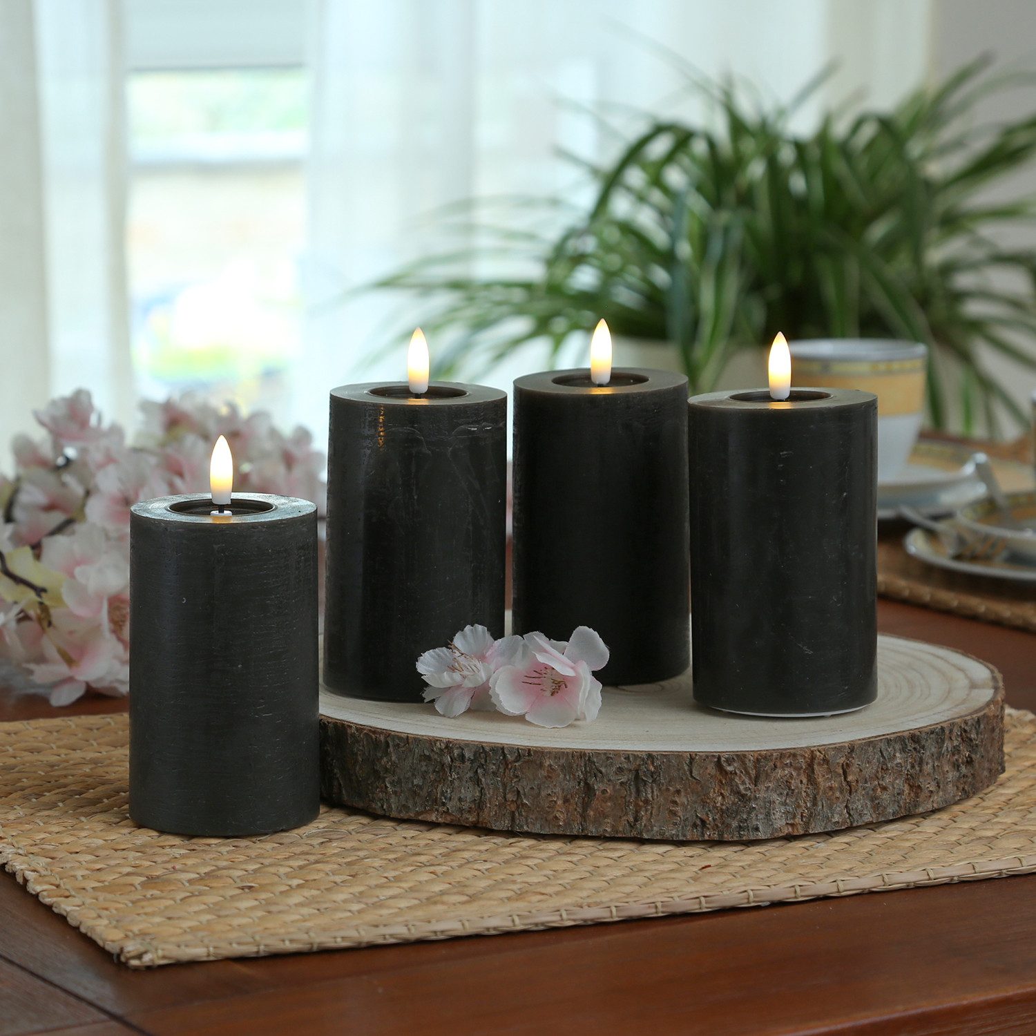 Adilina LED-Kerze Kerzenset LINA Rustik Optik für Adventskranz 7x11cm Timer schwarz 4St, LED Classic, warmweiß (2100K bis 3000K)