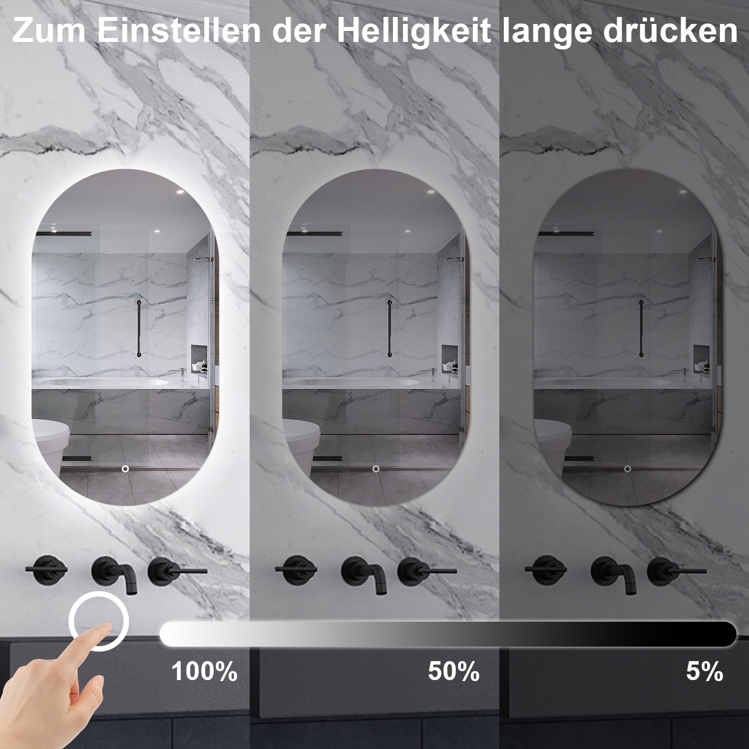 Aica Sanitär Badspiegel Wandspiegel mit LED-Hinterleuchtung Kaltweiß Dimmbar, Touch/Wandschalter
