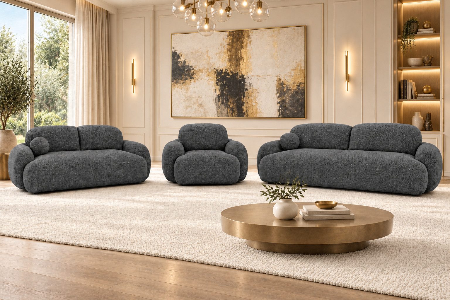 M-Punkt24 Sofa Sofa - Set VERONA 3-2-1 mit Bettfunktion BUBBLE SOFA, Set, Anthrazit Grau, mit Bettfunktion, BOUCLE, Edel, Luxus, Glamour, Hohe Qualität, Made in Europe, mit Federkern, HR-Schaum, dicke HR-Schaum-Polsterung