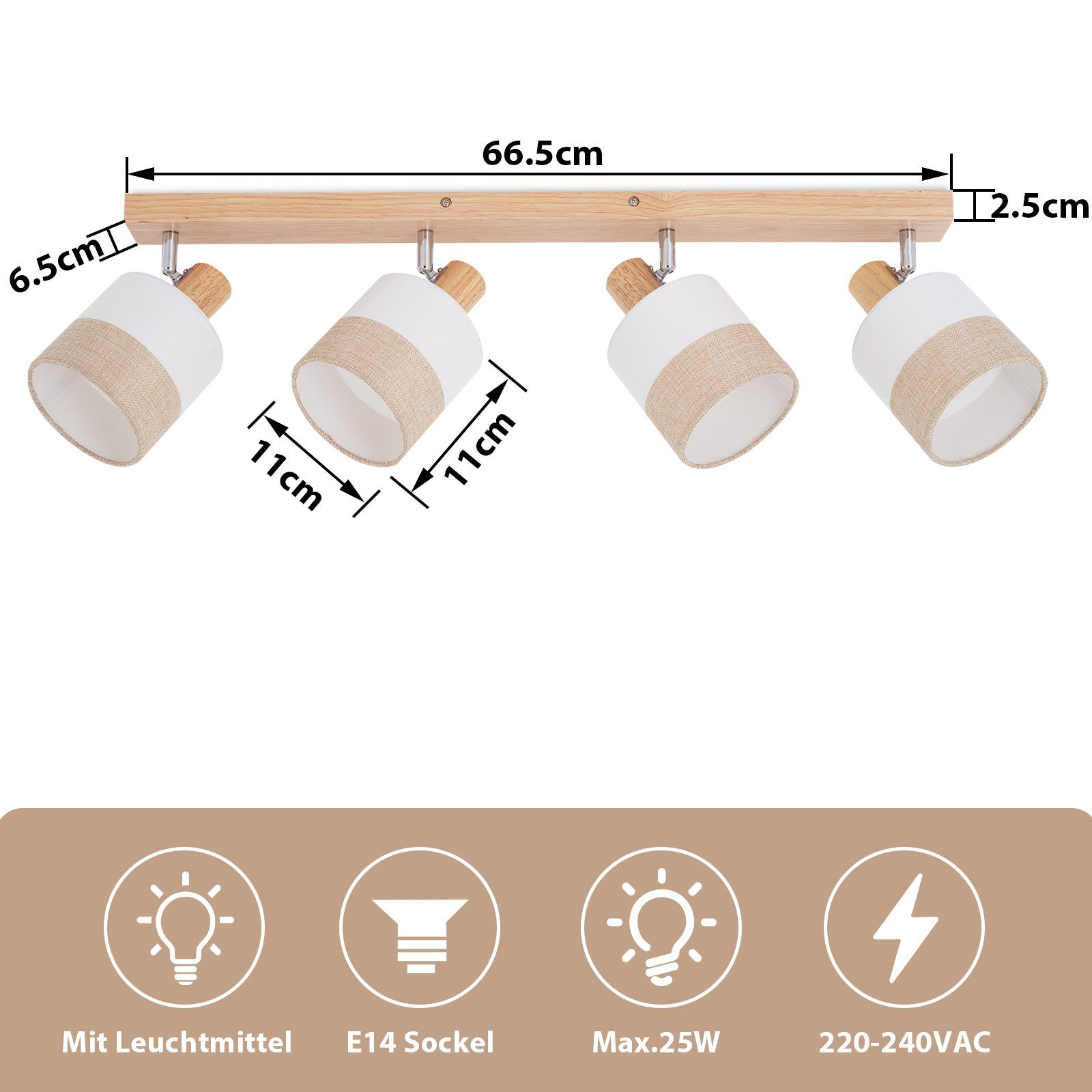 Nettlife Deckenstrahler Wohnzimmer Holz 1/2/3/4 Flammig E14 Vintage Deckenleuchte Deckenspot, LED wechselbar, perfekt für Flur, Wohnzimmer, Schlafzimmer, Esszim – Bild 4 von 5
