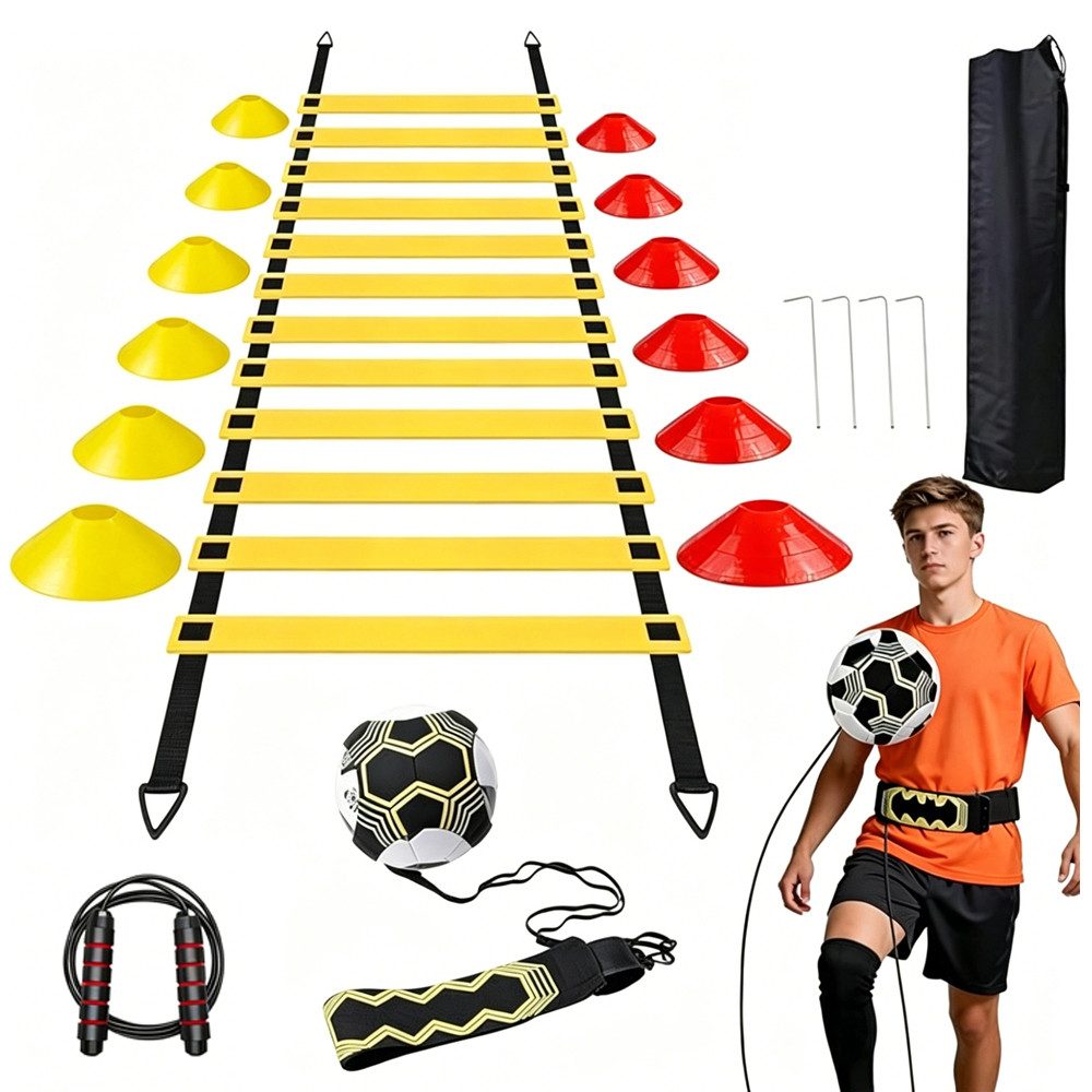 AFKSMILE Koordinationsleiter Fussball Trainingszubehör, Koordinationsleiter fußball Trainingsset (20-St), 6m Koordinationsleiter, 12 Hütchen, Fußballtrainer und Springseil