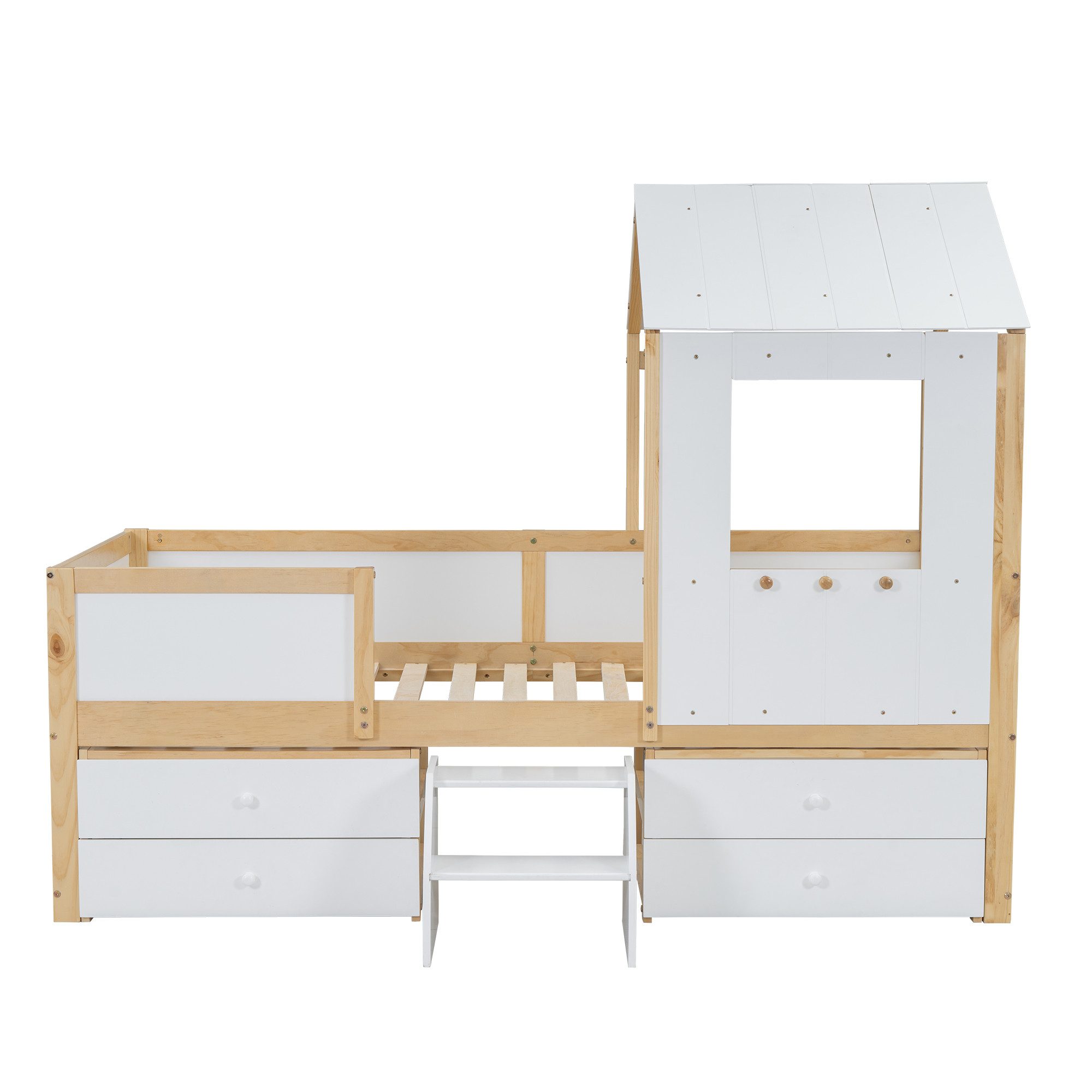 Flieks Loft Bed Children's Bed House Bed 90x200cm with 4 Drawers and Small Staircase
