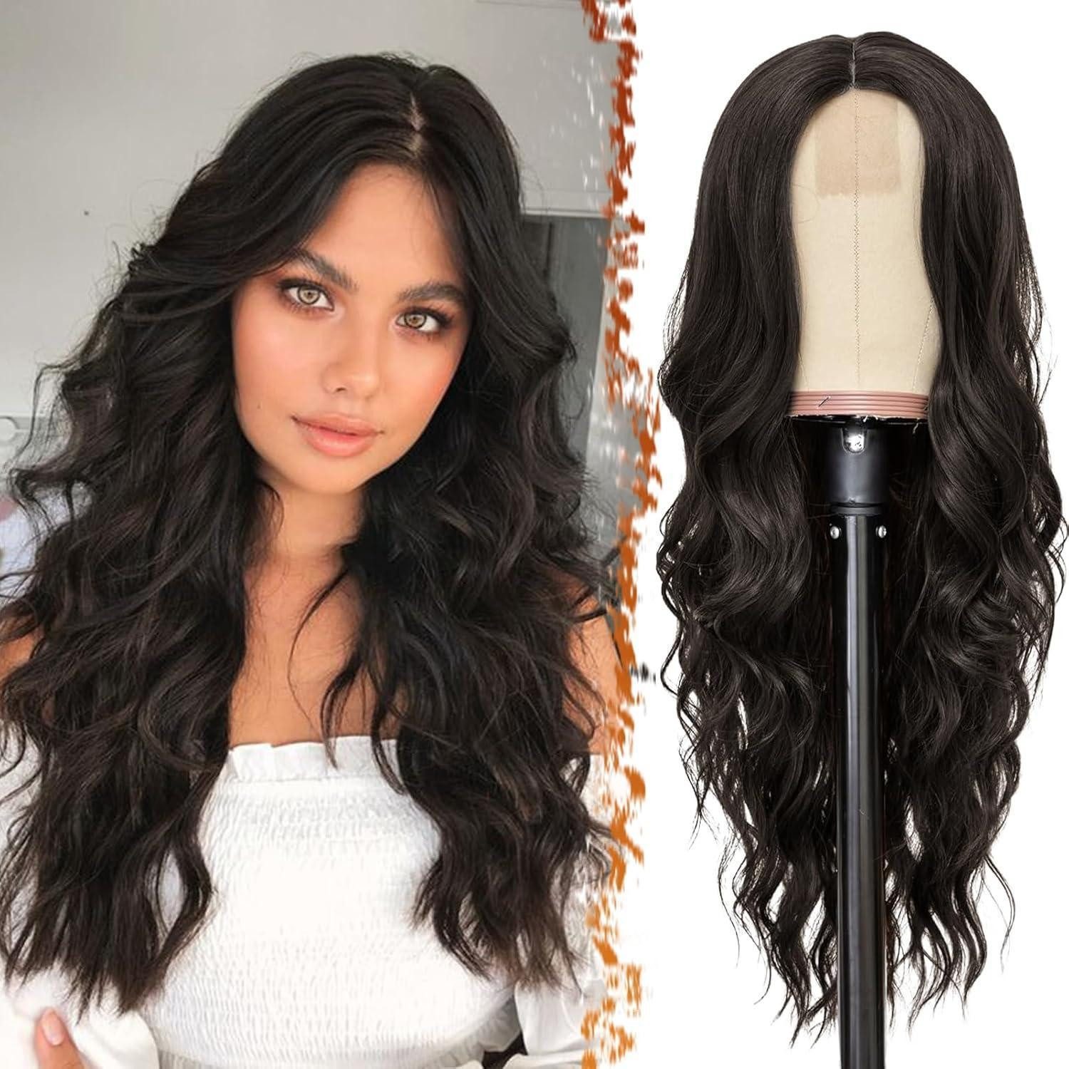 LuxusKollektion Kunsthaarperücke Lange Braun Wellig Perücke mit Mittelscheitel, 66cm Dunkel Braun