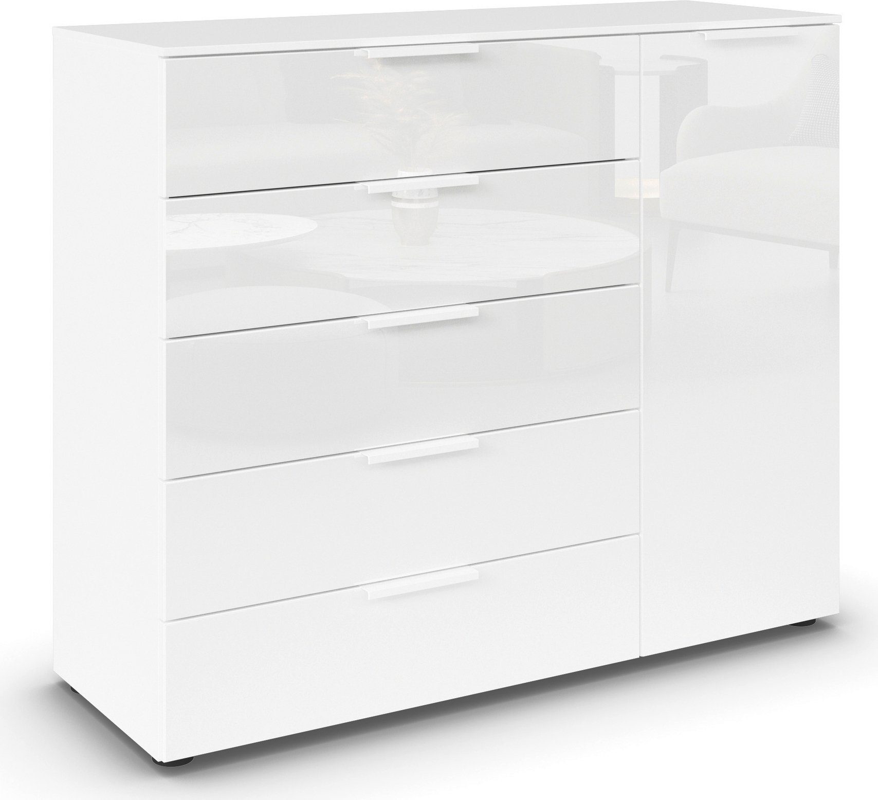 rauch Schubkastenkommode Kommode Türkommode Sideboard Kombikommode FLIPP mit Glasfront (Breite 120 cm mit 2 Einlegeböden), 1-türig mit 5 Schubladen und Soft-Close-Funktion sowie Glasfront