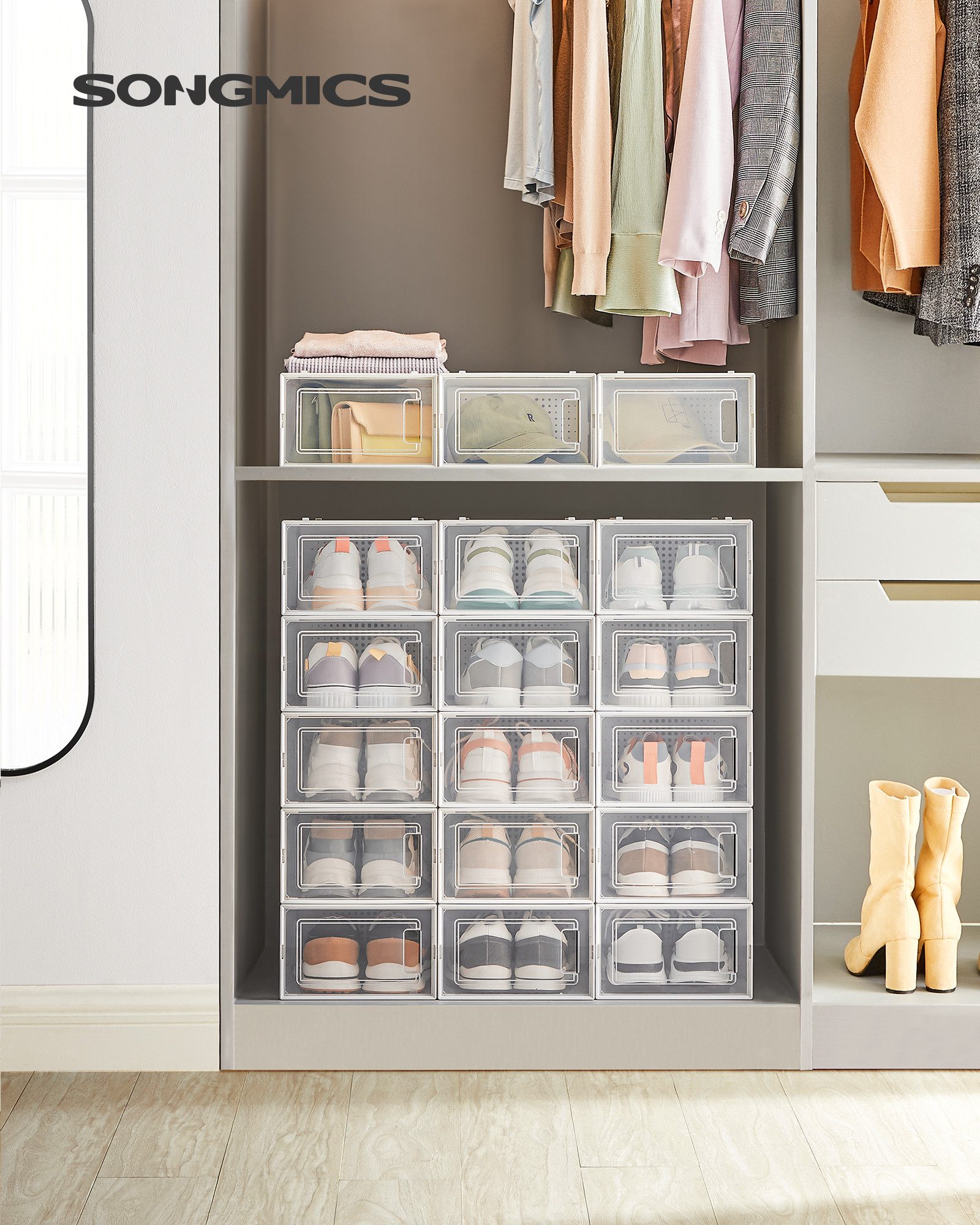 SONGMICS Schuhbox 18er Set, Schuh-Organizer aus Kunststoff, faltbar und stapelbar (18 St), für Schuhe bis Größe 44, 33,5 x 23,2 x 14,3 cm