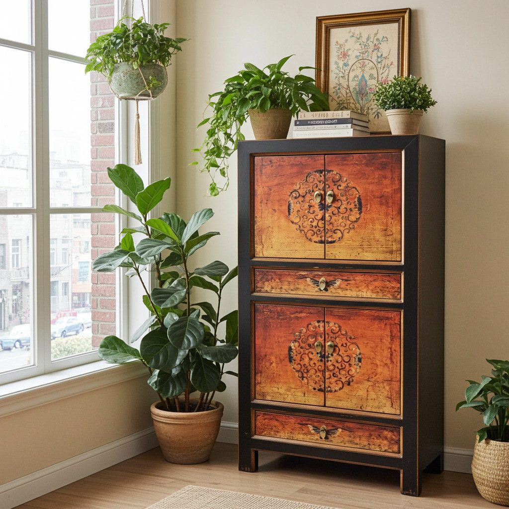 OPIUM OUTLET Kleiderschrank Möbel Asia Vintage Schrank chinesisch (Wohnzimmer Schlafzimmer Landhaus Antik-Stil, asiatisch chinesisch orientalisch) Hochzeitsschrank Hoch-Kommode komplett montiert