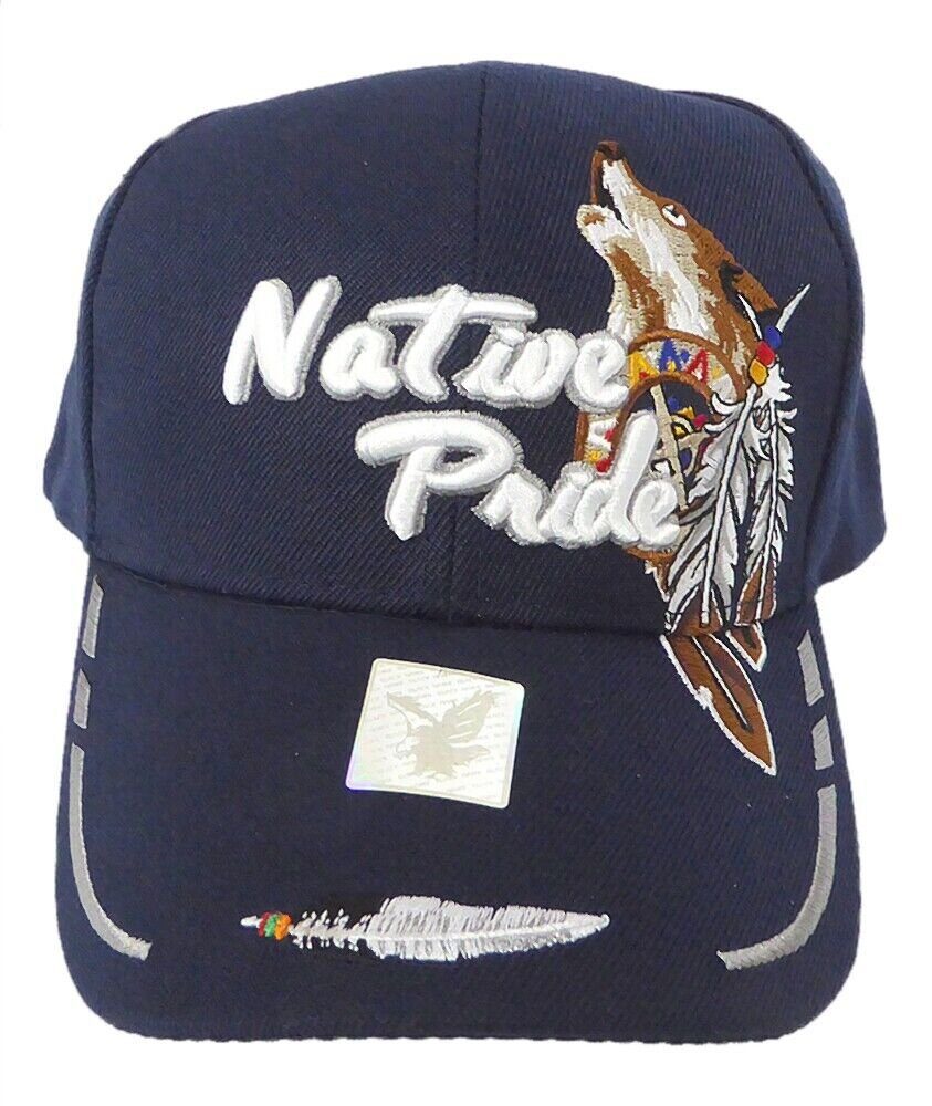 Westernlifestyle Baseball Cap Mit Wolf, Federn und Schriftzug Native Pride besti Blau