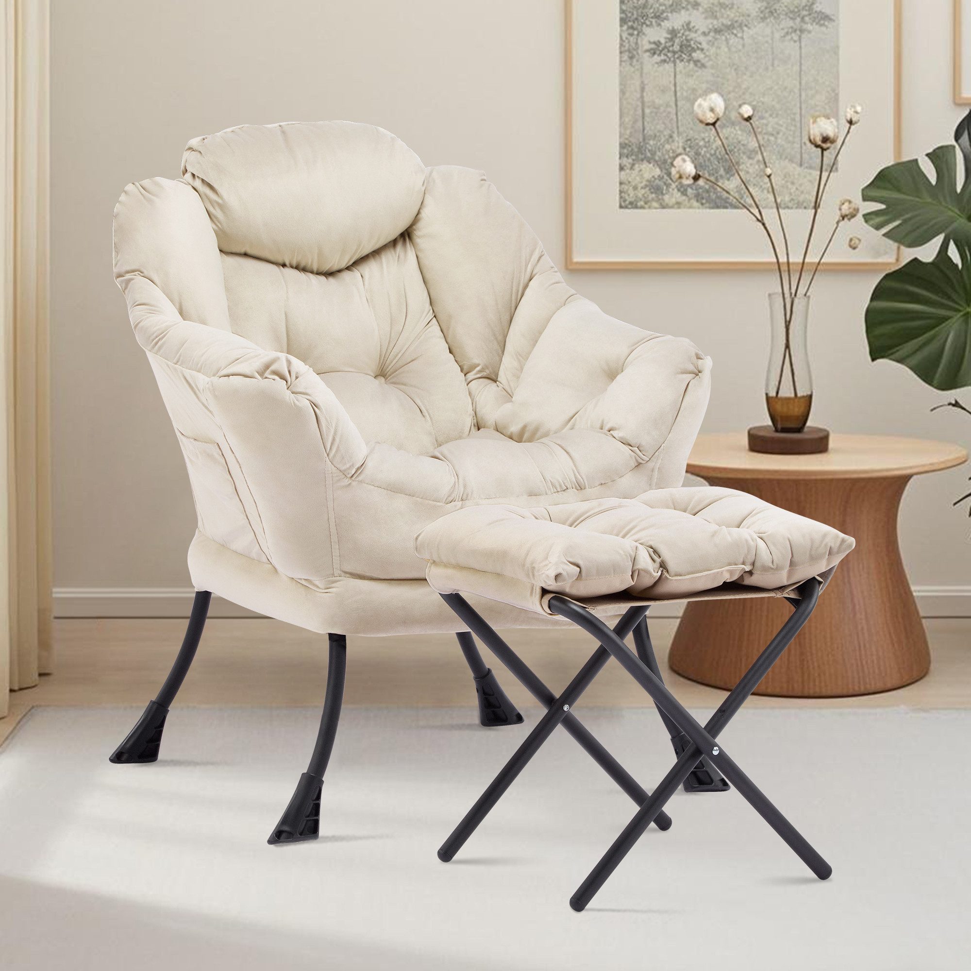 Aunekiv Sessel mit Hocker, Seitenfach & Wingback-Design, Moderner Relaxsessel für Wohnzimmer & kleine Räume