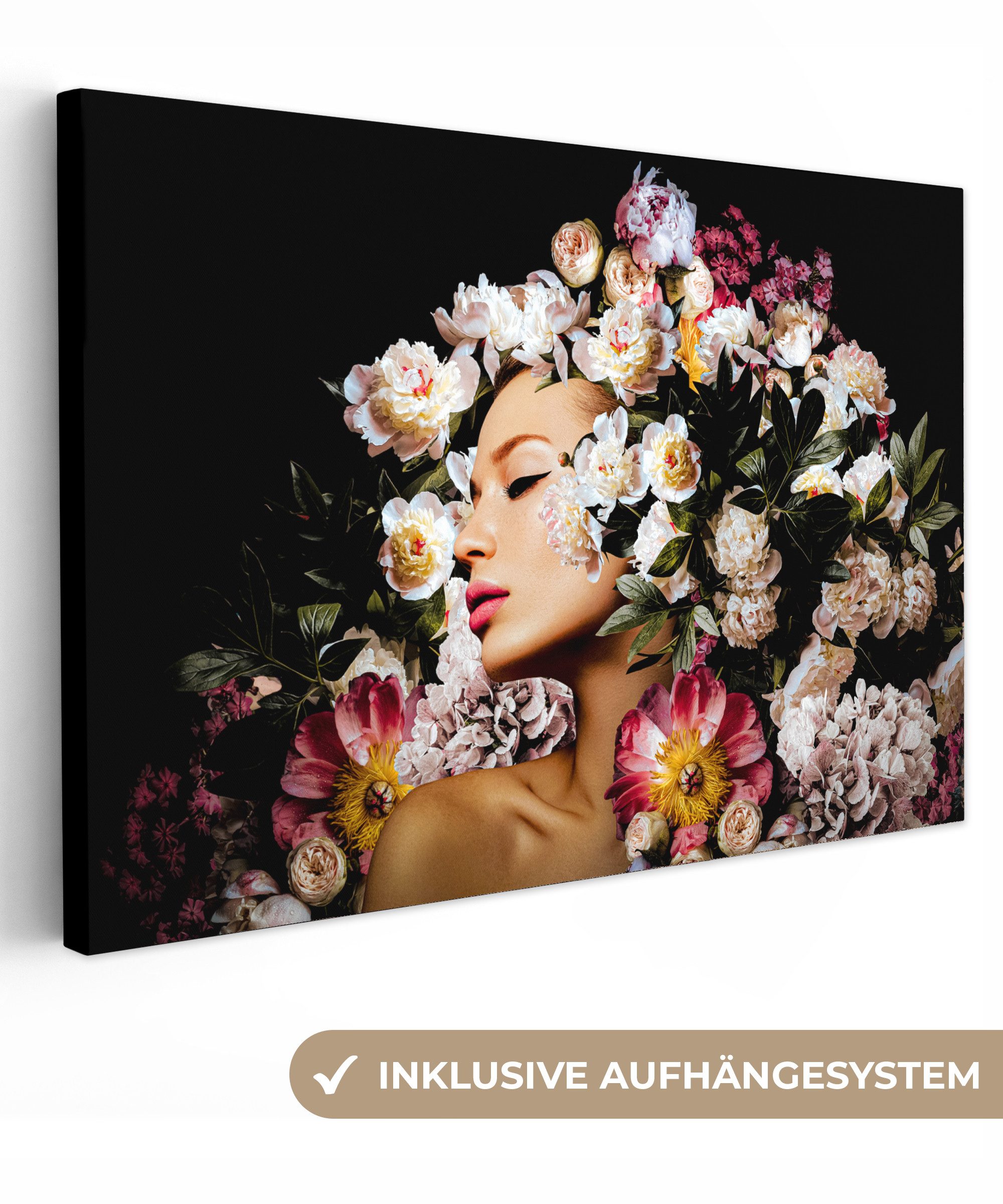 OneMillionCanvasses® Leinwandbild Frauen - Blumen - Rosen - Porträt, Fotodruck (1 St), Leinwand Bilder Klein, Wand Dekoration Aesthetic 30x20 cm