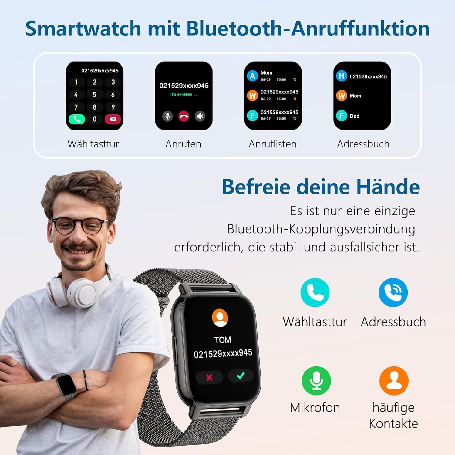 Zevelora Damen's und Herren's Telefonfunktion IP67 Wasserdicht Fitness-Tracker Smartwatch (4,69 cm/1,85 Zoll, Android/iOS), mit austauschbarem weichem Silikonarmband, mit Puls-Schlaf-Monitor Schrittzähler 110+ Sportmodi