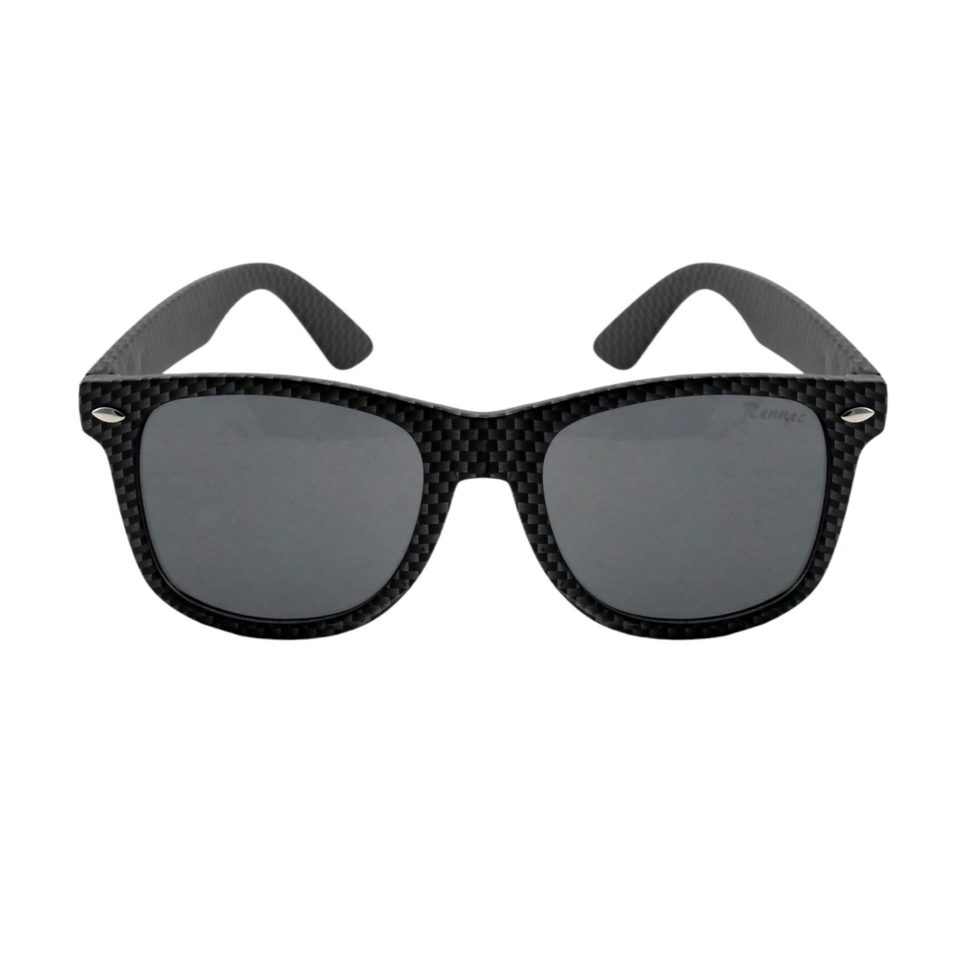Rennec Sonnenbrille (Markenbrille in Carbon Optik mit Brillenbeutel) Retro Brille stabile 3in2 Gelenke Gläser Verspiegelt Getönt