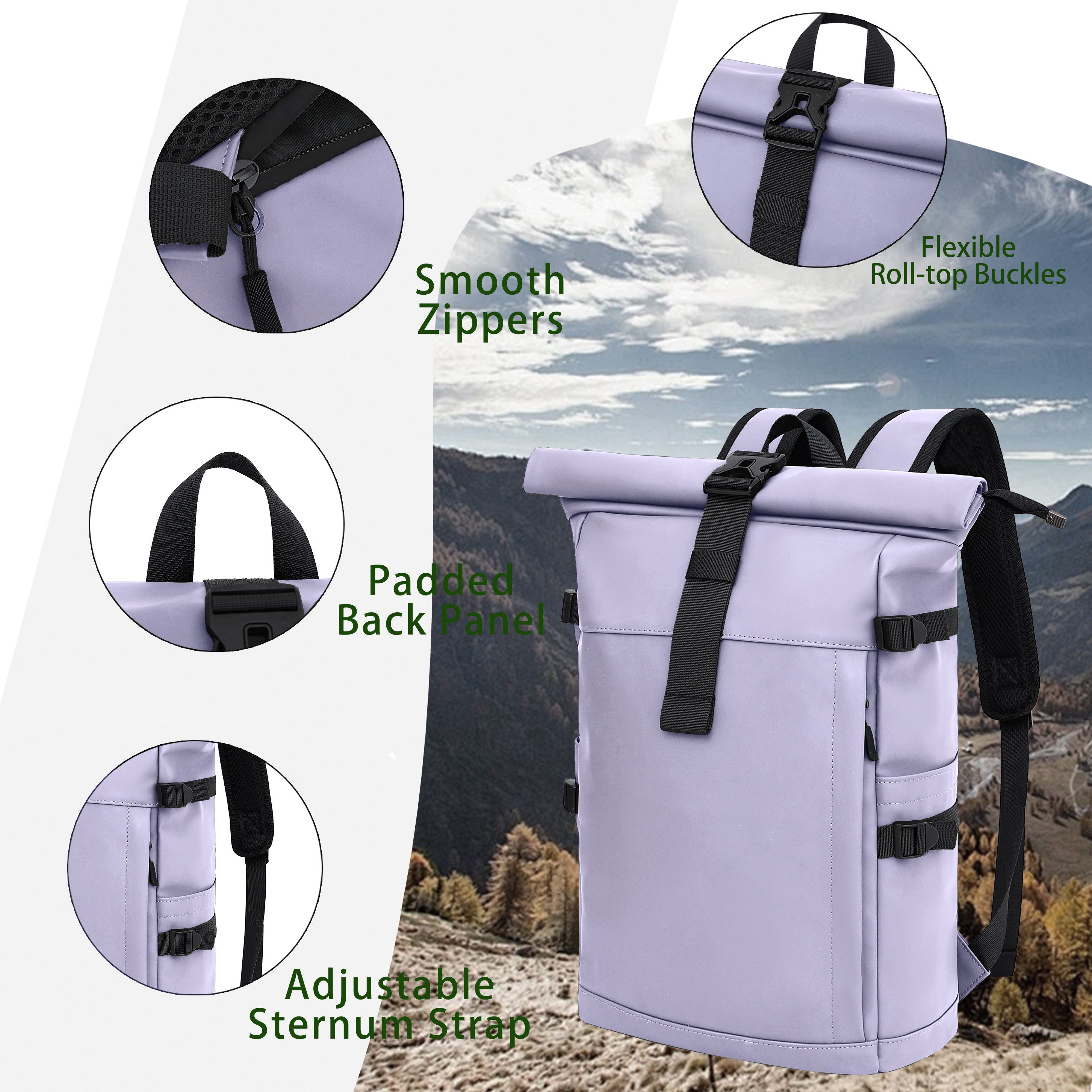 EAAKIE Rucksack RollTop Rucksack Freizeitrucksack Herren Damen Wasserabweisend, spritzwassergeschütztes Polyester und wasserabweisende Reißverschlüsse