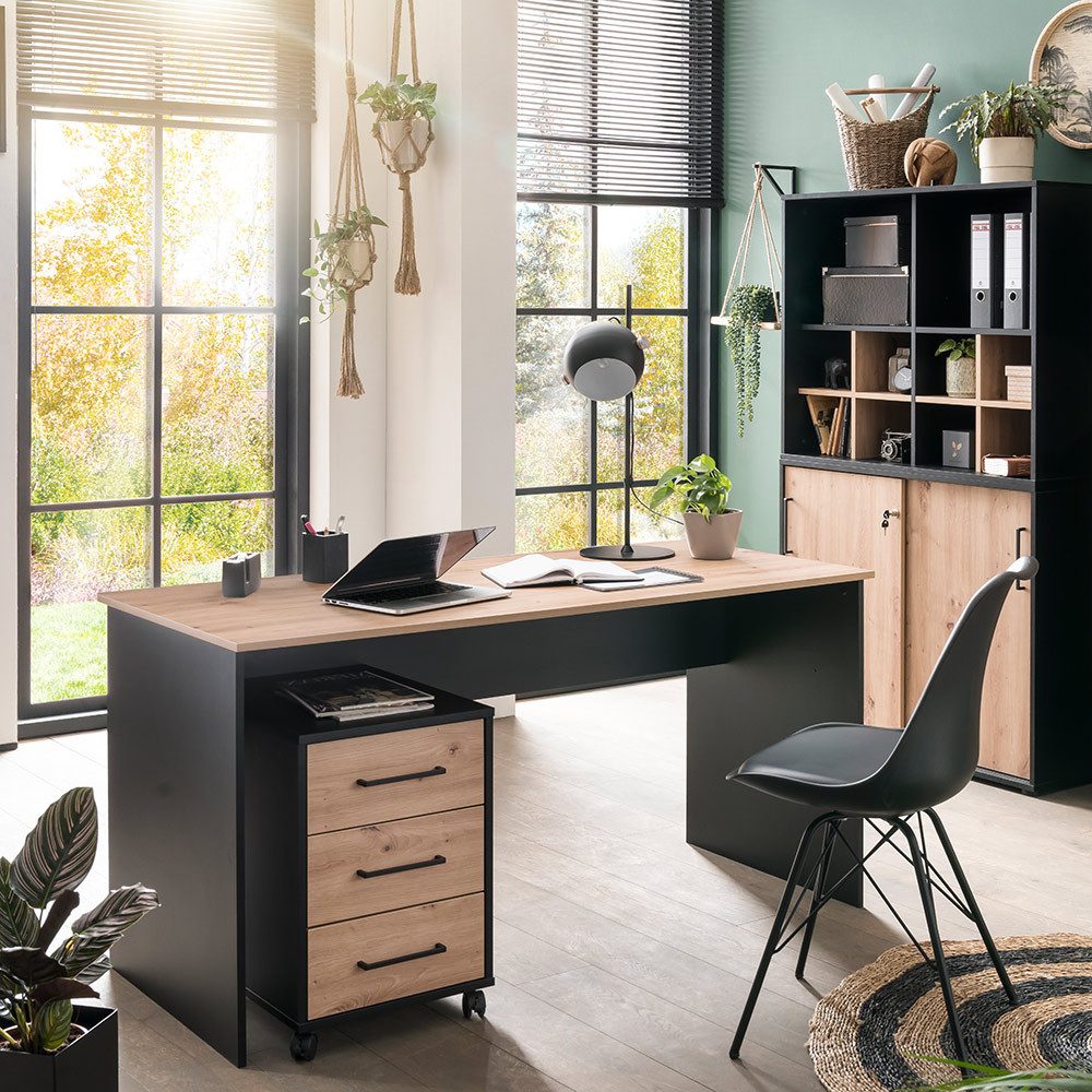 Lomadox Büromöbel-Set ALNWICK-80, (Spar-Set, 6-tlg., Rollcontainer Schreibtisch Regaleinsatz Aktenregal Aktenschrank), Büroausstattung in schwarz mit Eiche