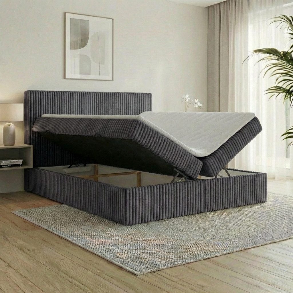 A&J MöbelLand GmbH Boxspringbett RALF mit Bettkasten, Topper und gepolstertem Kopfteil. (Boxspringbett mit Bettkasten und gepolstertem Kopfteil)