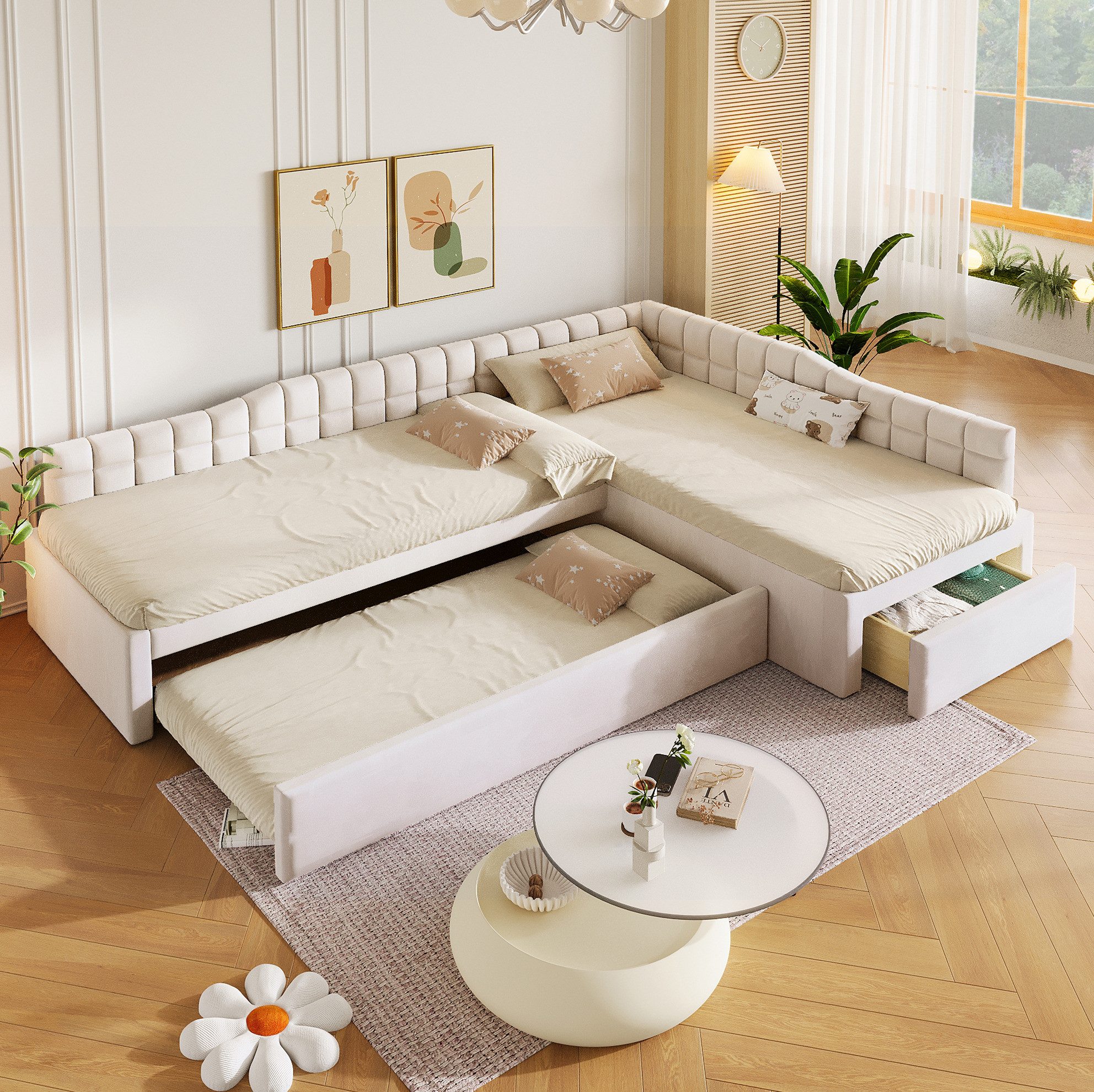 REDOM Polsterbett Komfortables Bettgestell mit Stoffbezug und weicher Polsterung (Packung, 1-tlg., 90x200 L-Bett Beige aus Samt mit Zusatzbett ohne Matratze), Einzelbett Lösung mit Schubladen und flexiblem Ausziehbett