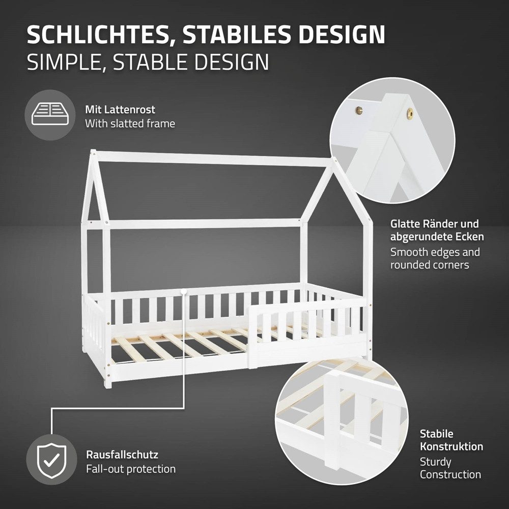 ML-DESIGN Spielbett Hausbett Kinderbett inkl. Lattenrost kreativ Bodenbett für Kinder, Abenteuerbett zum Spielen mit Rausfallschutz Kiefer Weiß Himmelbett – Bild 3 von 5