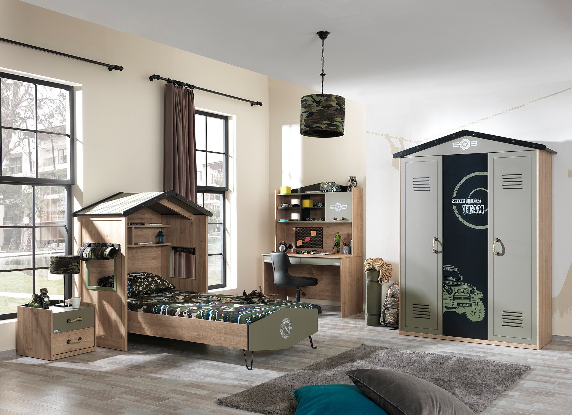 3 Camp Olivgrün Türig Kinderkleiderschrank Möbel in Kapa Holz