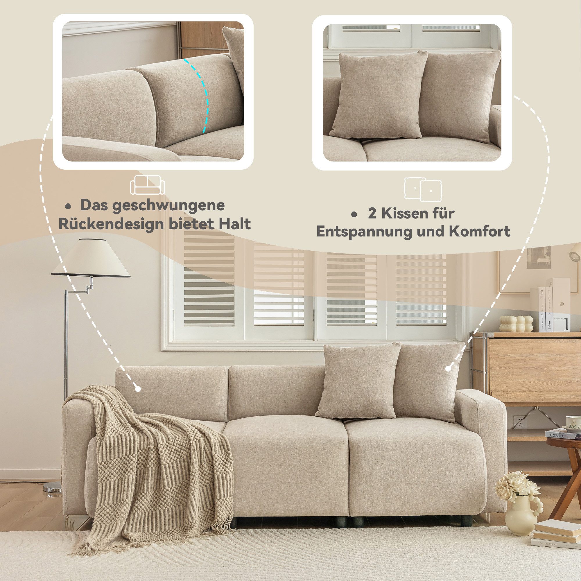 IDEASY Sofa 3-Sitzer-Sofa mit Dekokissen, Modernes minimalistisches Design, Sofabett für Wohnzimmer, Schlafzimmer, Heimkino, Gästezimmer