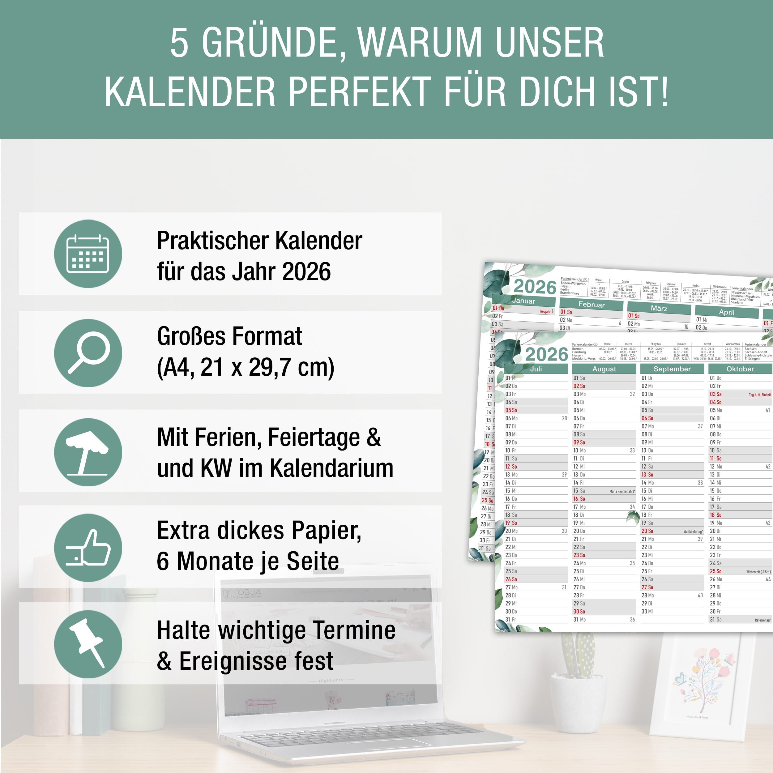 Thumbnail - TOBJA Wandkalender A4 Tafelkalender Eukalyptus 2026 3er Set, Wandkalender, Jahresplaner, Schulferien, Feiertage, Kalende...
