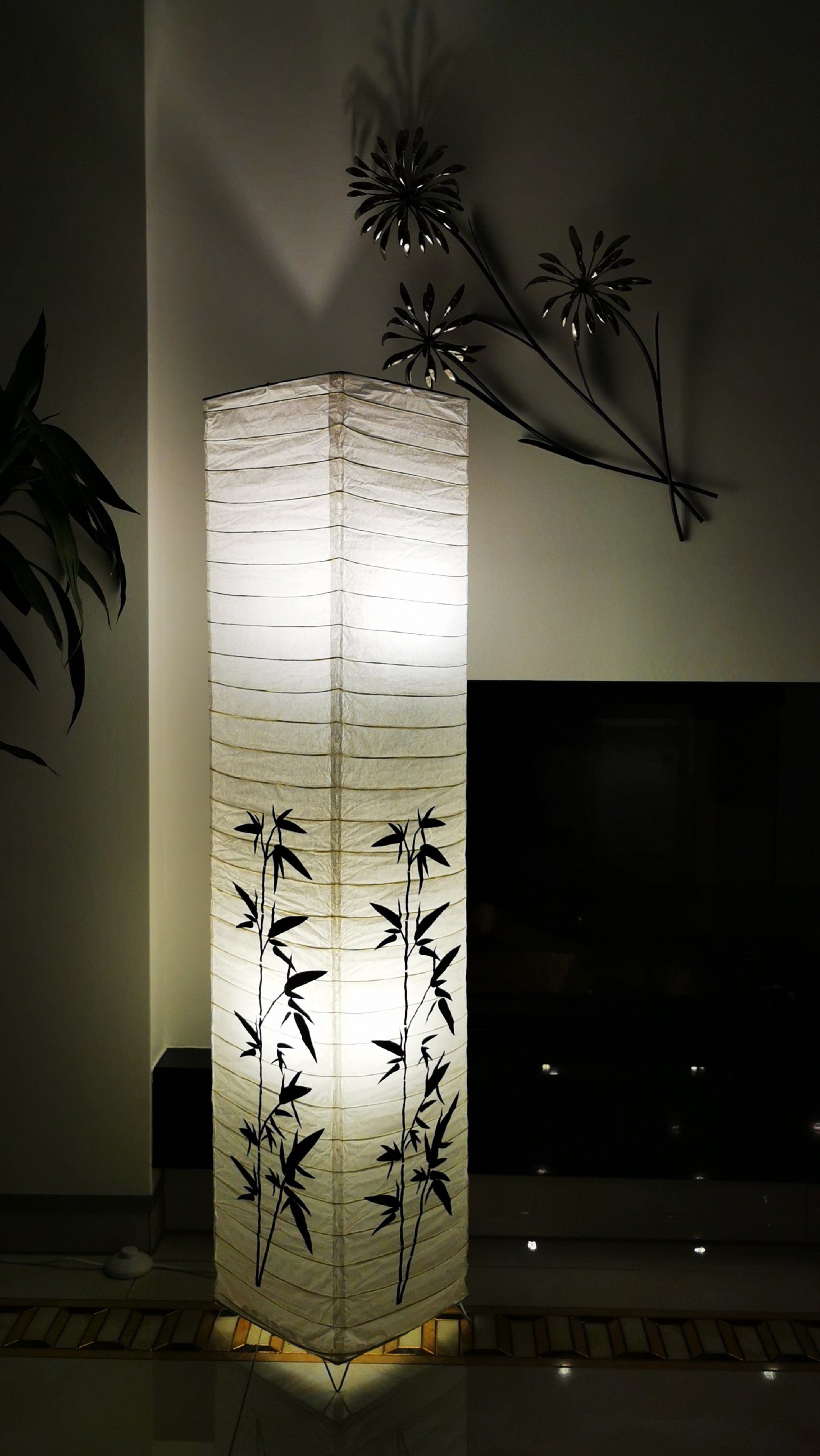 TRANGO LED Stehleuchte Bambus Modern Wohnraumlampe LED *HANDMADE* Design ca. Motiv Stehlampe, I *KOREA* 125cm, Leuchtmittel Reispapierlampe LED I Form: 2x I 1216L I inkl. E14 Höhe: Reispapier eckig Standlampe mit