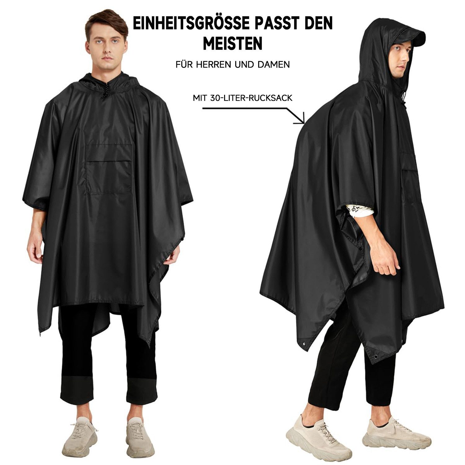 MOPUEA Regenmantel Regenponcho Regenjacke Wasserdicht Größe Regenponcho160×210 cm (Leicht, Faltbar) 3-in-1 Outdoor Poncho mit Kapuze und Tasche – Bild 5 von 5