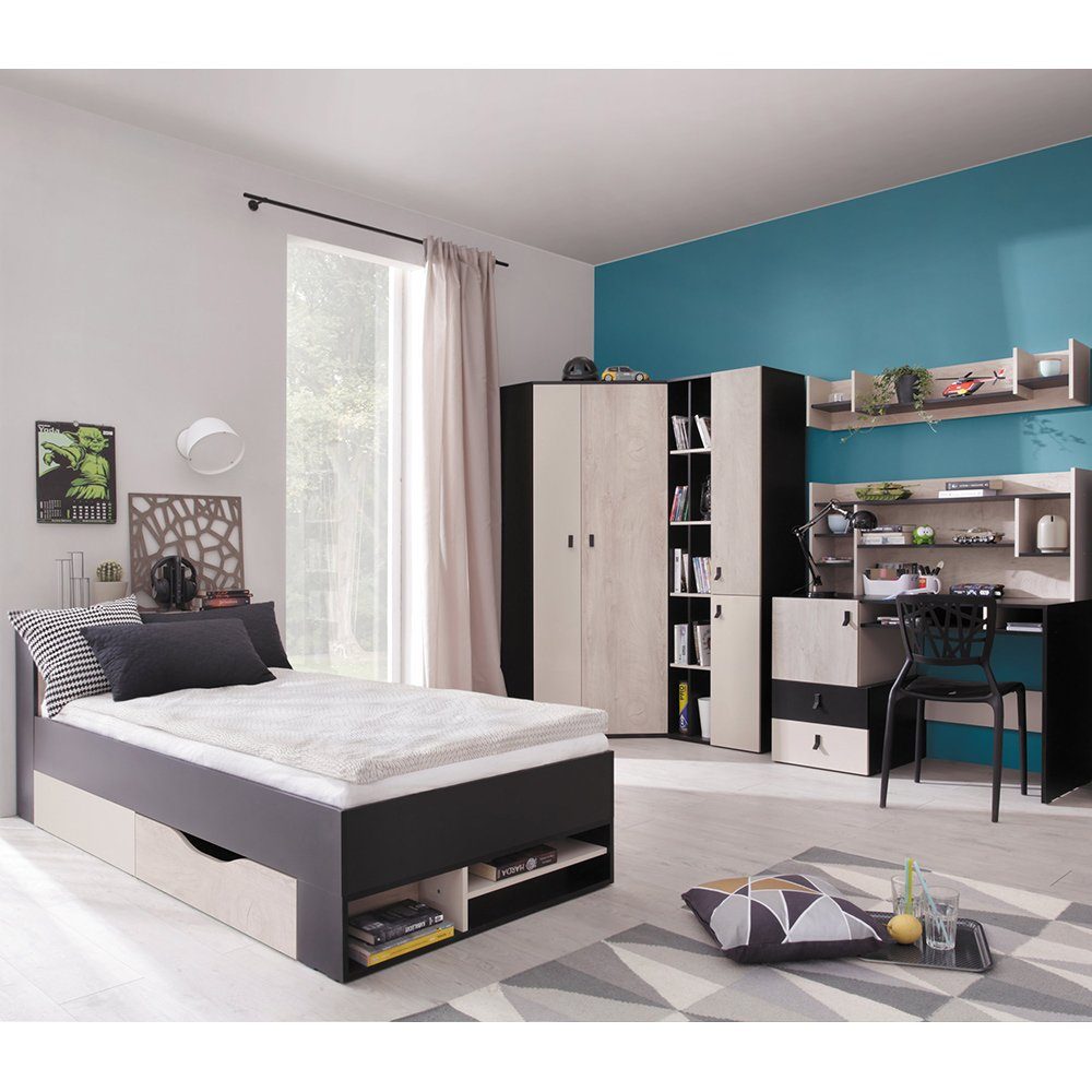 Lomadox Jugendzimmer-Set PITTSBURGH-133, (Sparset, 6-tlg), mit Bett 90x200, Eckkleiderschrank, Schreibtisch, schwarz/Eiche/beige