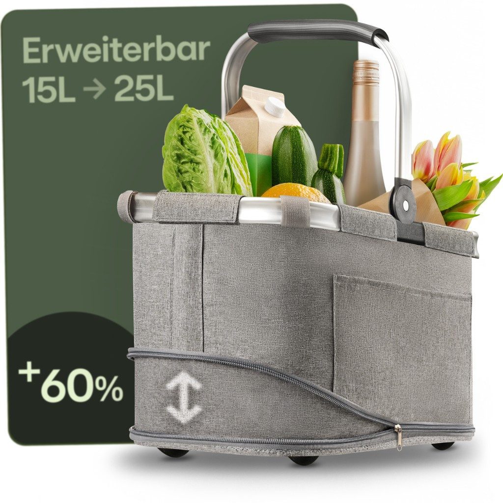 Praknu Einkaufskorb Einkaufskorb Faltbar – 2 in 1 Erweiterbar, Waschbarer Bezug, Tragekorb, 25 l, Stabil mit Alurahmen & Verstärktem Boden – Extra Fächer innen & außen