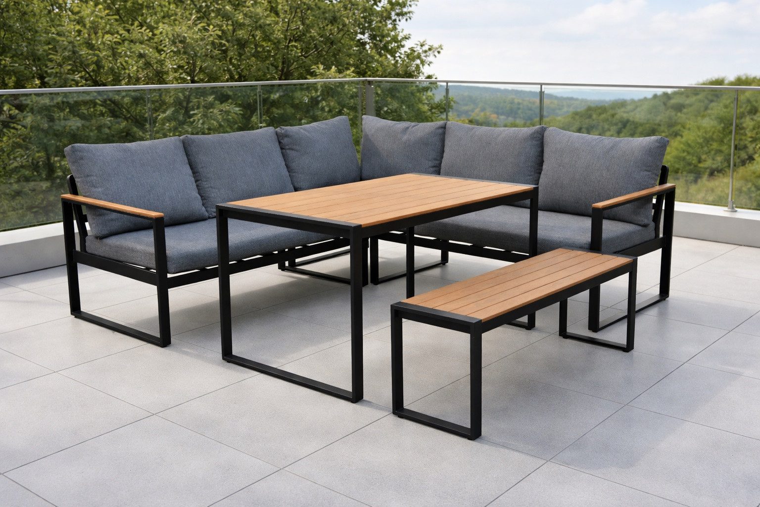 Gardissimo Gartenlounge-Set Tony Dining Eck Lounge Set Aluminium in Holz Optik, (Spar-Set, 3-tlg., 1 Eckelement + 1 XL Bank + 1 hoher Tisch + 8 Auflagen), wetterfest / langlebig / pflegeleicht