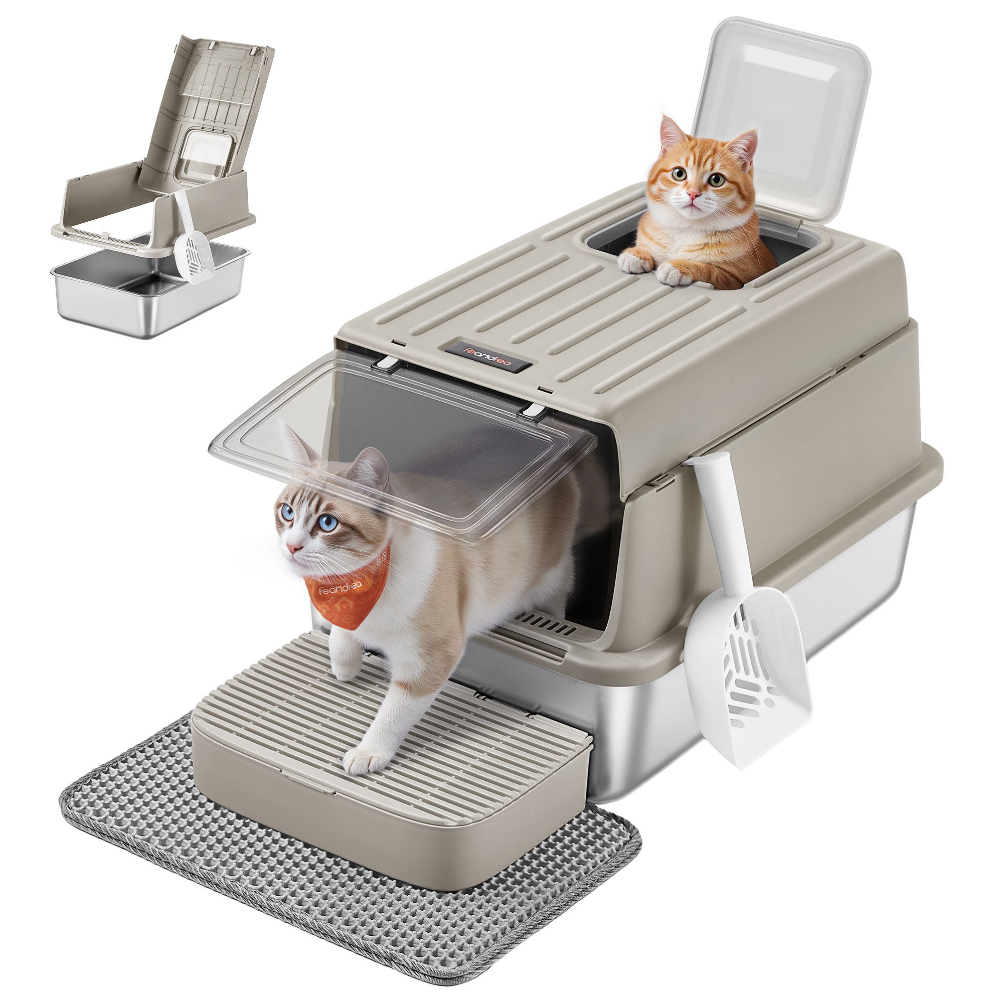FEANDREA Katzentoilette Katzenklo Edelstahl, mit Deckel, mit Schaufel, Katzenstreumatte, 2 Eingängen, für Katzen bis 15 kg, 60 x 40 x 38 cm (L x B x H)