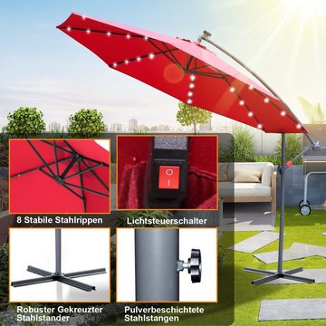 Randaco Sonnenschirm Sonnenschirm 300/350cm LED Solar Handkurbel Gartenschirm Strandschirm, Aluminium/Polyester