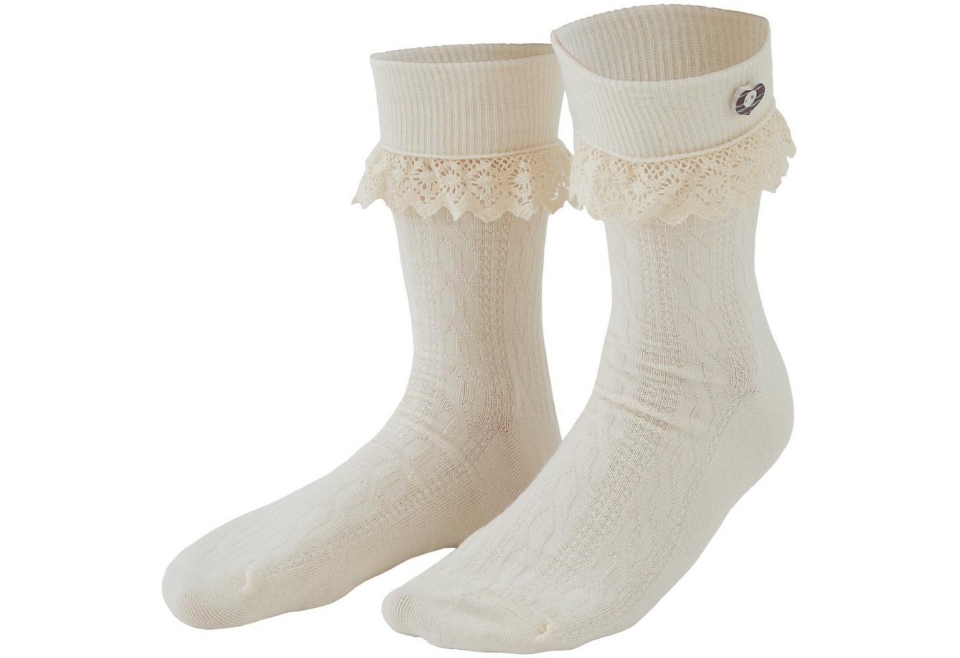 dressforfun Trachtensocken Kurze Oktoberfeststrümpfe mit Muster, Herzchen und angenähter Spitze (Bayerische Strümpfe, in beige) Leichtes Tragegefühl, glatte Ferse/Sohle, gute Passform, Umschlagbund