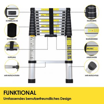 Bettizia Teleskopleiter Teleskopleiter Alu 2.6m-5m Ausziehleiter Anlegeleiter mit haken
