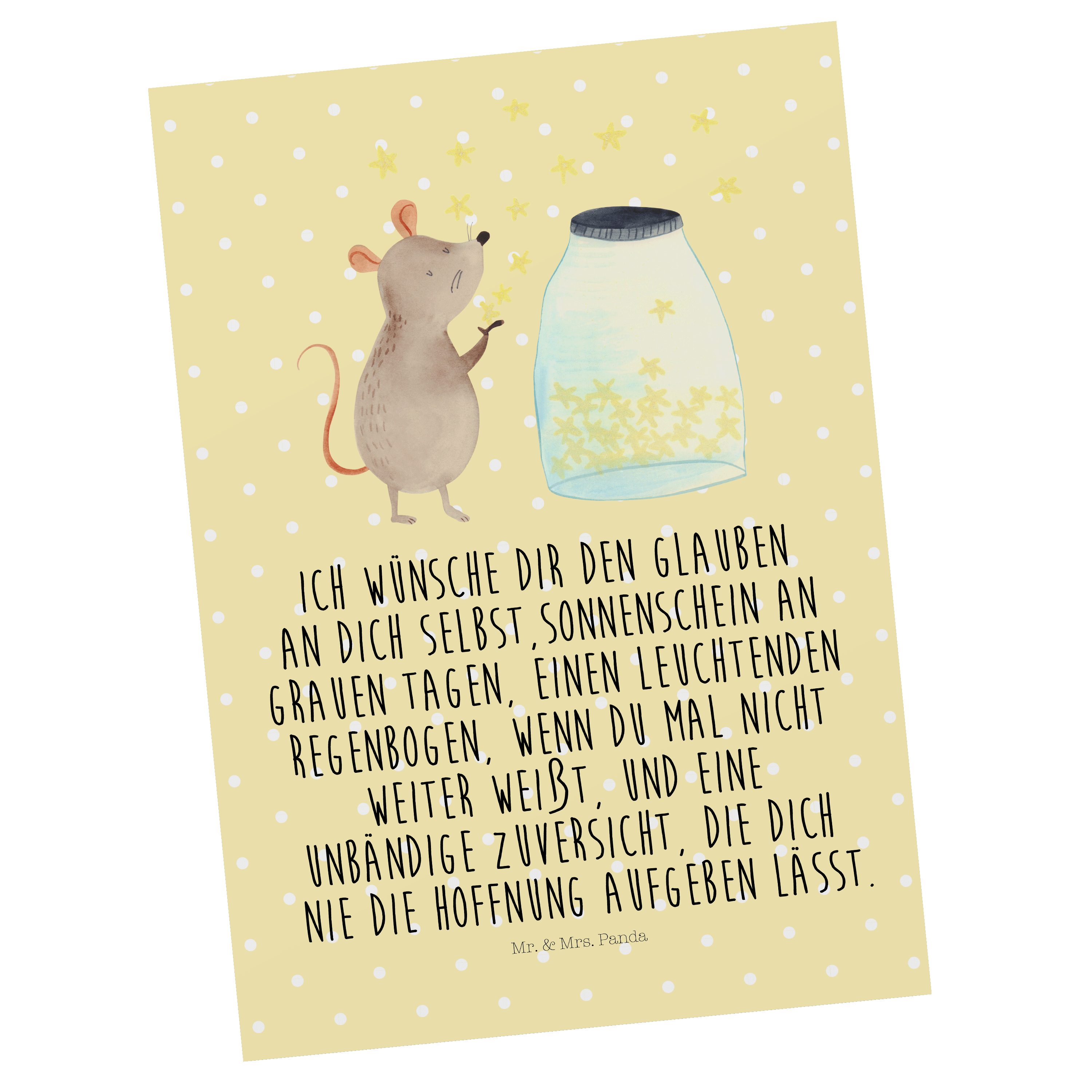 & Grußkarte, Geschenk, Mr. - Sterne Mrs. Panda - Tier Gelb Pastell Ansichtskarte, Maus Postkarte