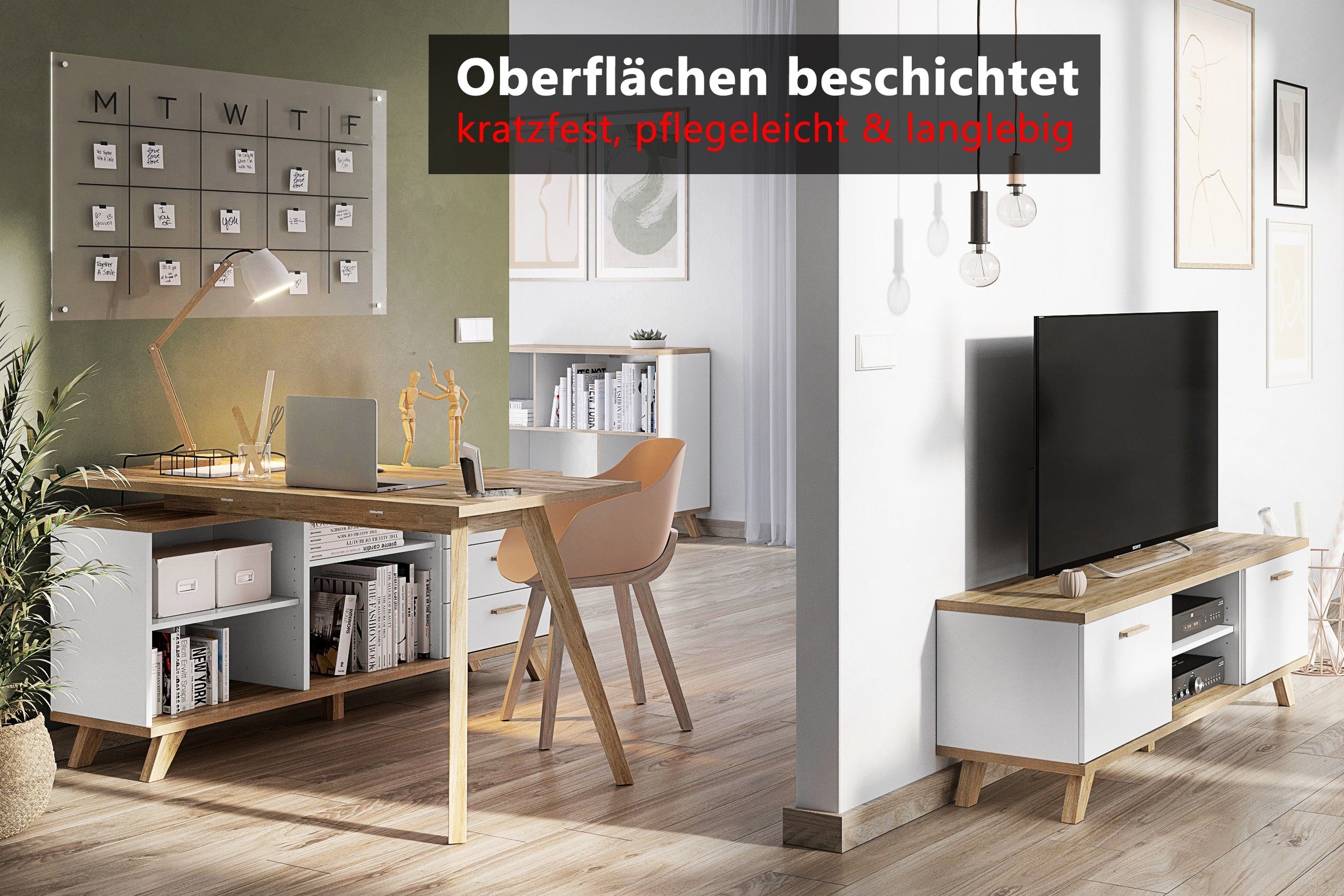 snowoak, in Weiß/Eiche Schreibtisch integriertem Sideboard mit Bürotisch bümö