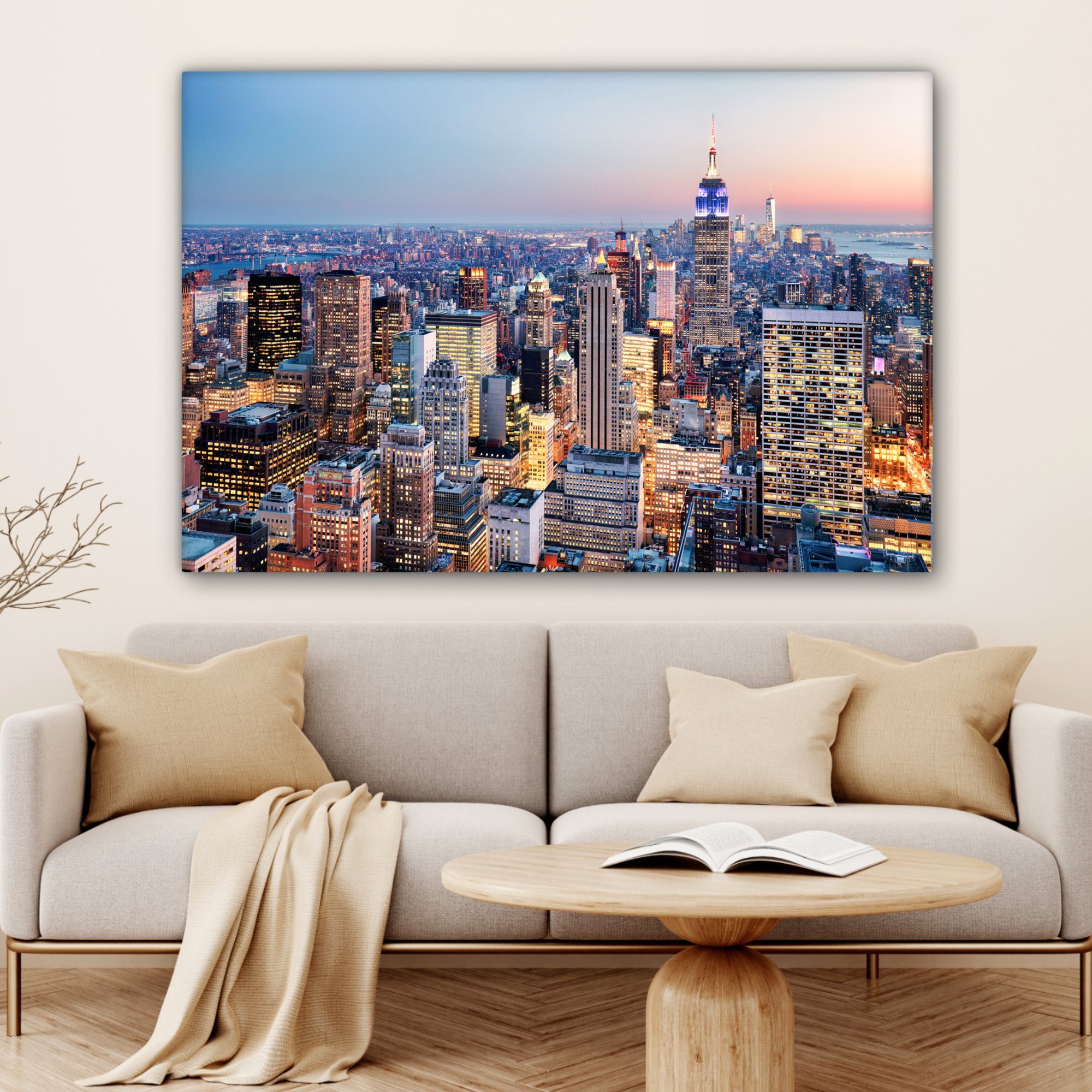 für großes, Gemälde, - OneMillionCanvasses® New XXL, alle St), Leinwandbild Wandbild - cm 120x80 Skyline York Nacht, (1 Wohnbereiche,