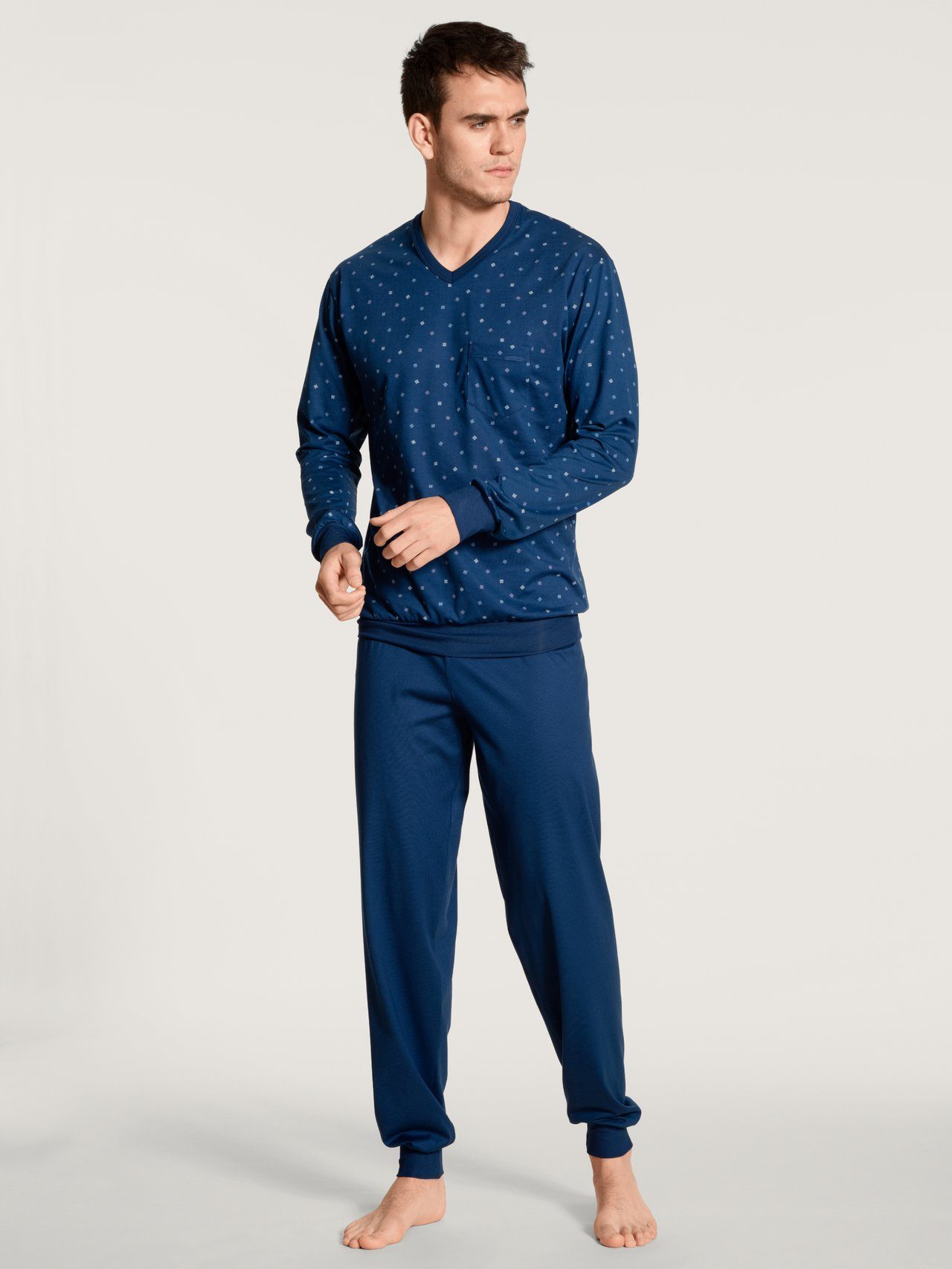 CALIDA Pyjama Calida Herren Bündchenpyjama dunkelblau 40767 aus reiner  Baumwolle