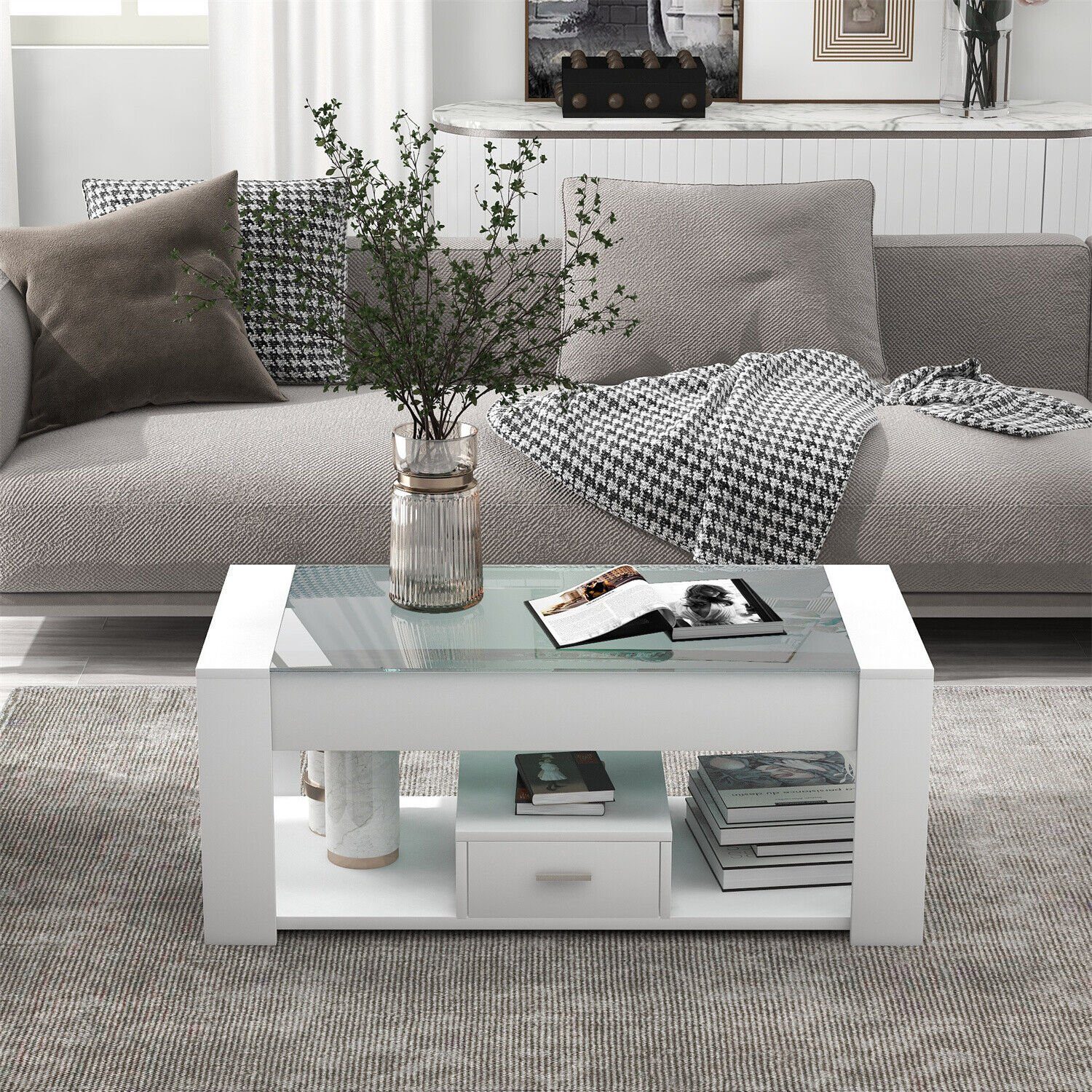 DOTMALL Tischsitz Couchtisch Weiß Wohnzimmer mit Glasplatte Stauraum