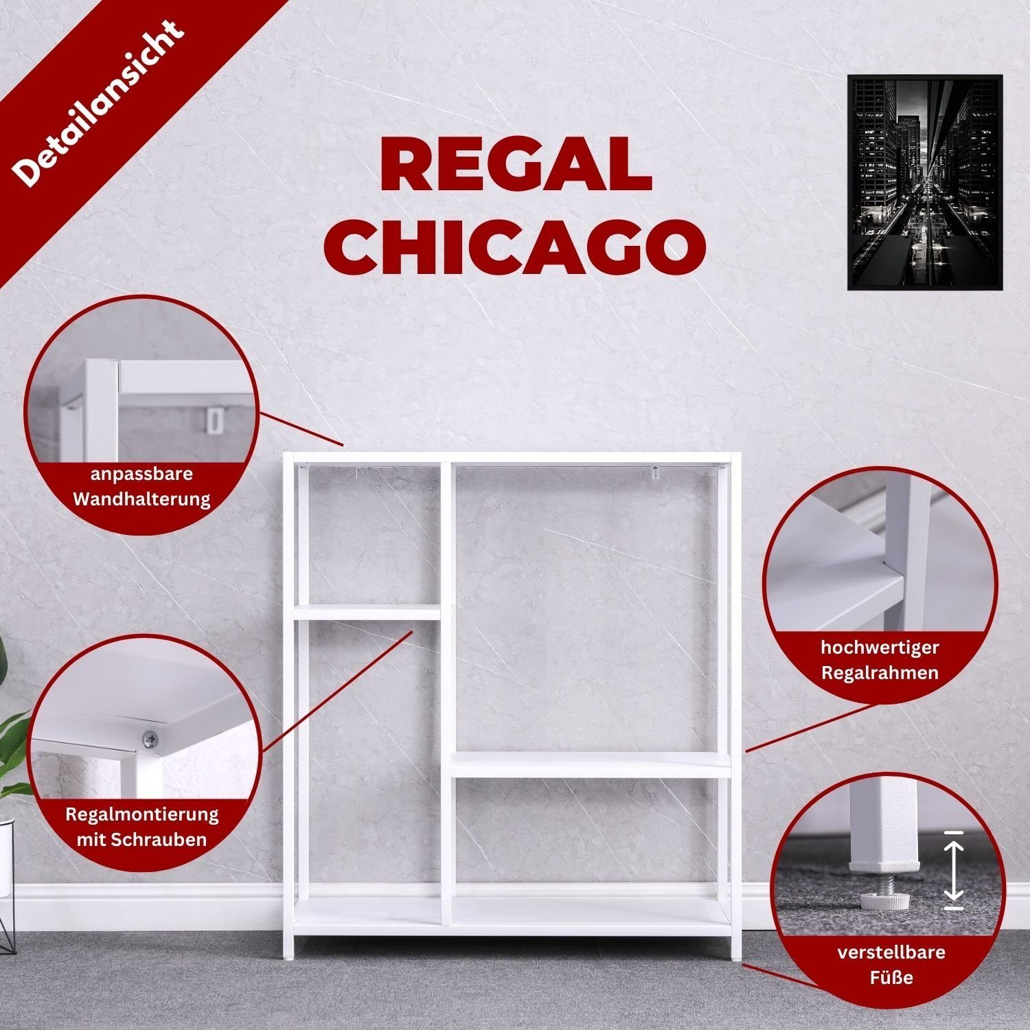 elegante 3 Metall mit Stahl-Ausführung Chicago aus Coemo Fächern - langlebige, Weiß Regal,