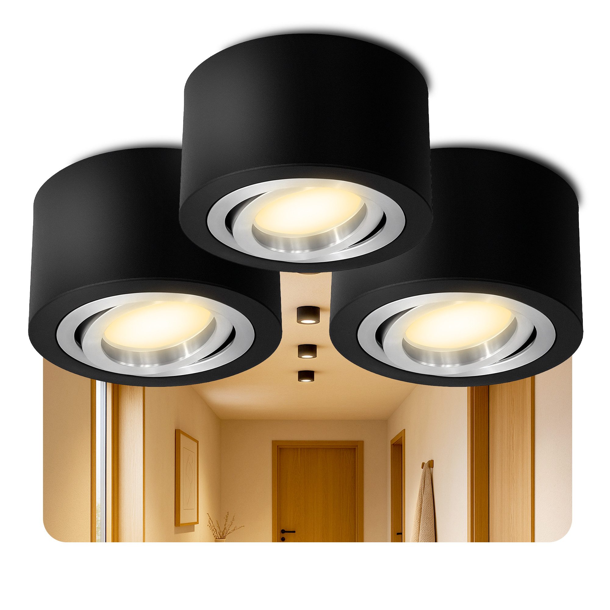 SSC-LUXon LED Aufbaustrahler LANTI Aufbauspot schwarz silber Innenring mit LED Lampe 4W warmweiß, Warmweiß