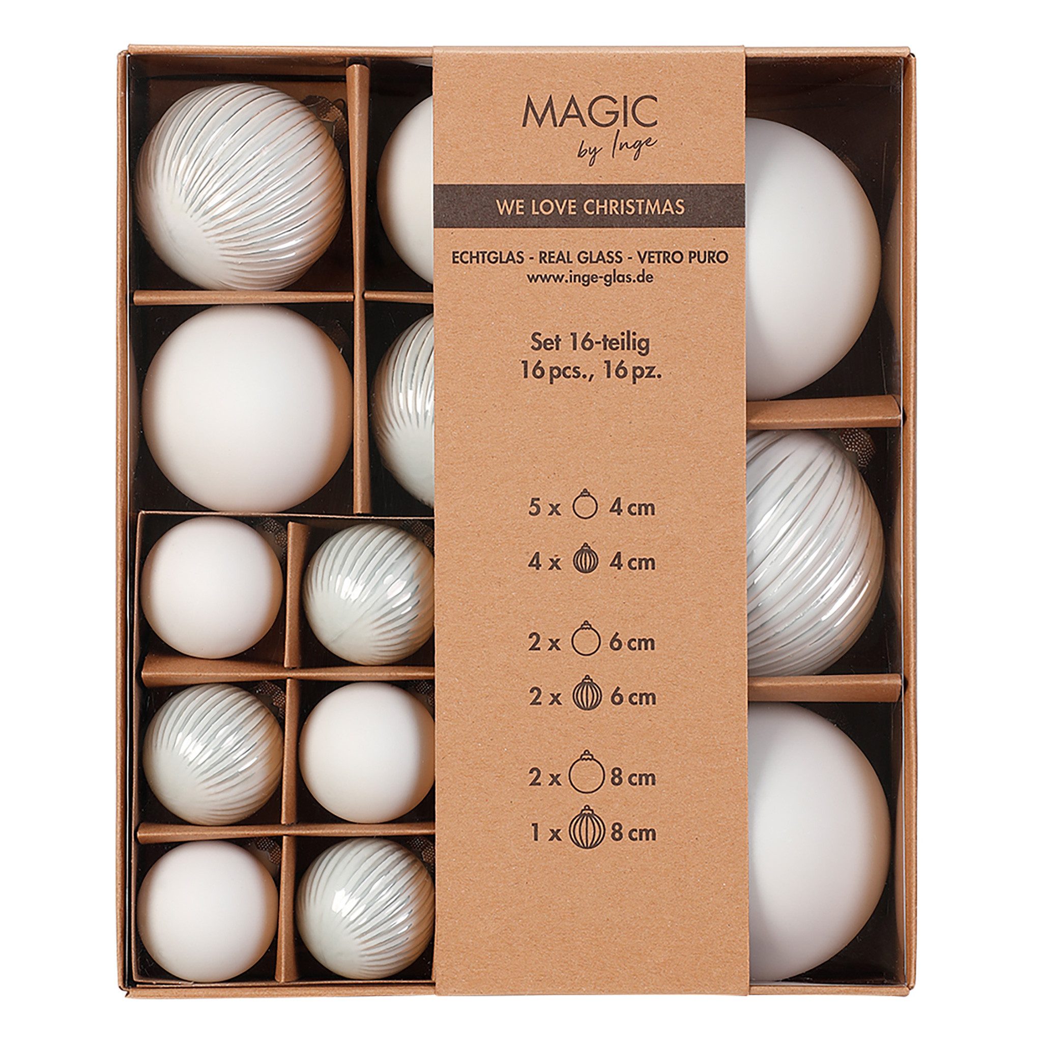 MAGIC by Inge Weihnachtsbaumkugel, Новогодние шары Glas 4-8cm Mix gerillt 16er Set - Just White