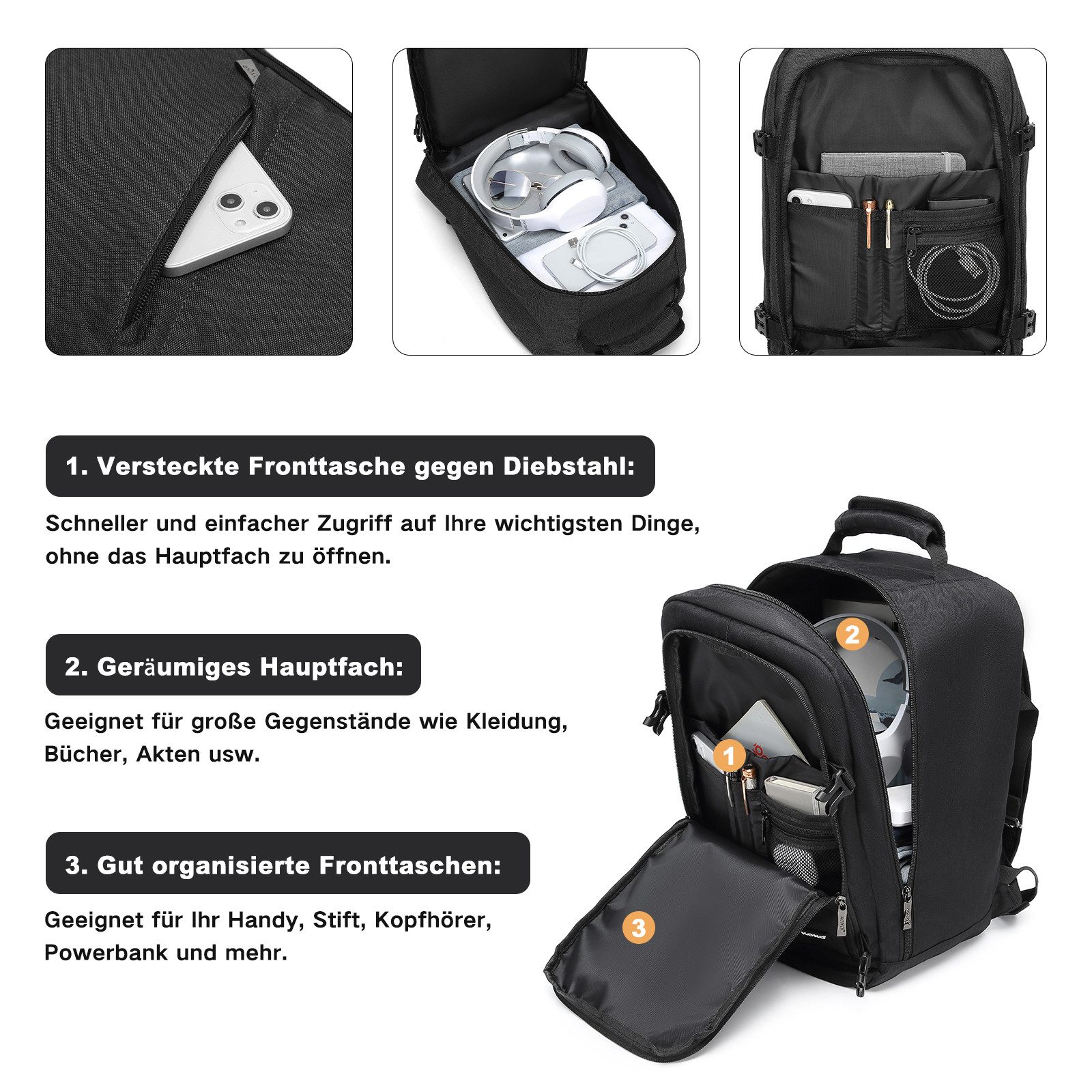 KONO Rucksack Handgepäck-Rucksack mit vielen Fächern Leichtgewicht