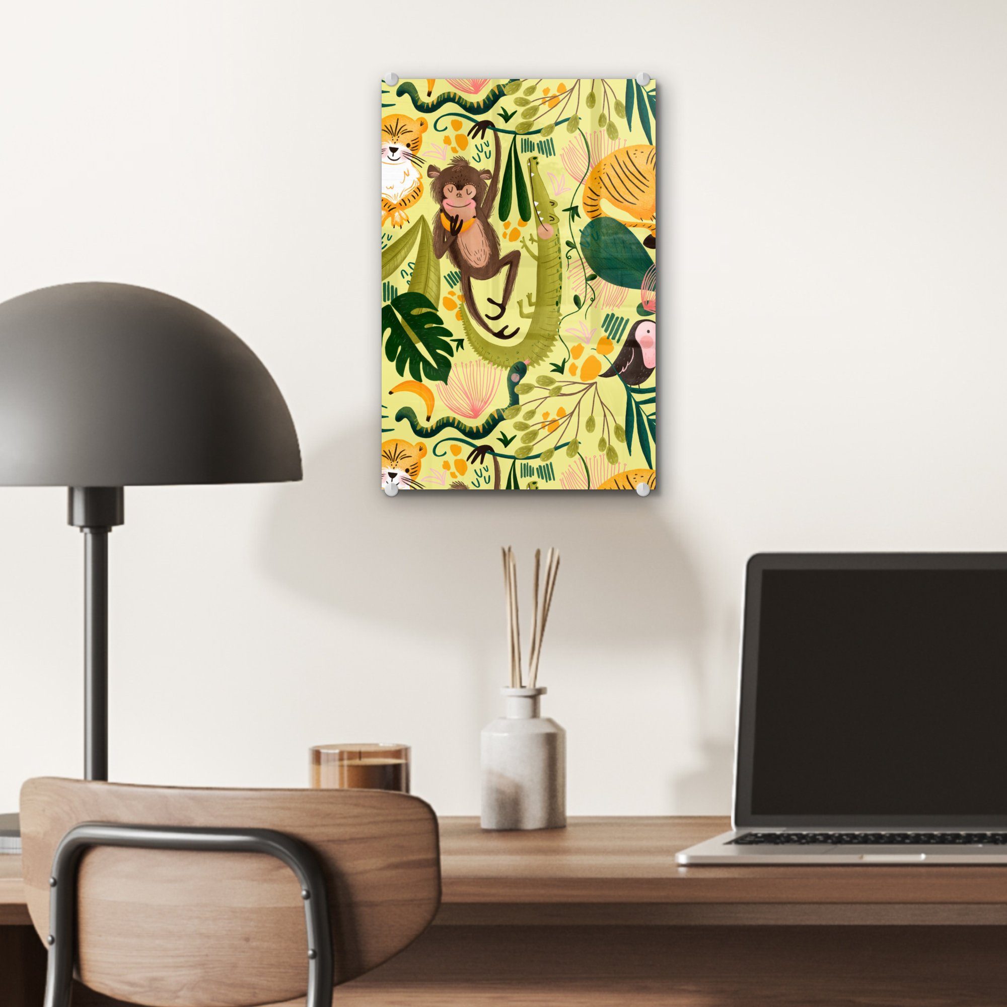 MuchoWow Bilder Glas Dschungel (1 - Wandbild Glas - Tiere - auf - St), - auf Glasbilder Acrylglasbild Gelb, Wanddekoration Pflanzen - Foto