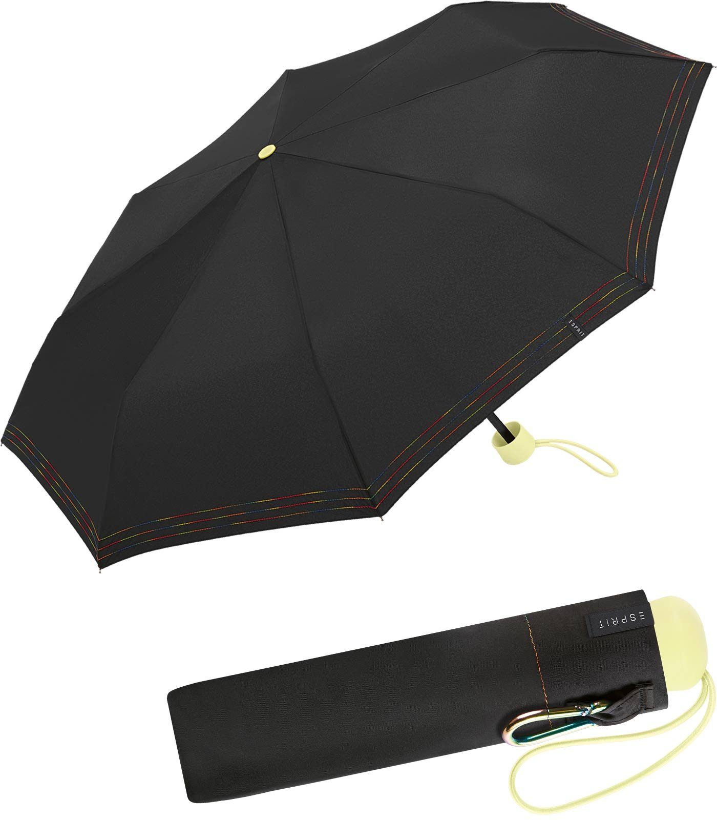 Esprit Langregenschirm Damen-Taschenschirm, bestickt mit bunten Linien, mit gelben Streben und gelbem Griff