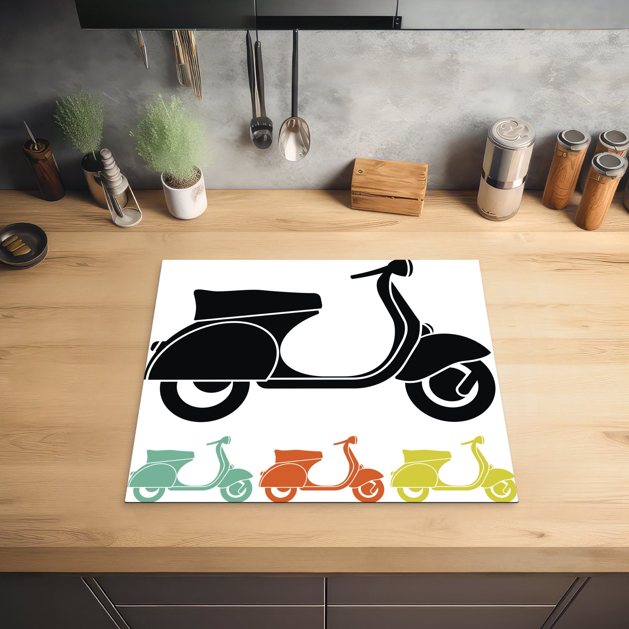 Motorrollers, Herdblende-/Abdeckplatte cm, Vinyl, nutzbar, Arbeitsfläche farbigen von Mobile eines MuchoWow Silhouetten Illustration 60x52 Ceranfeldabdeckung tlg), (1