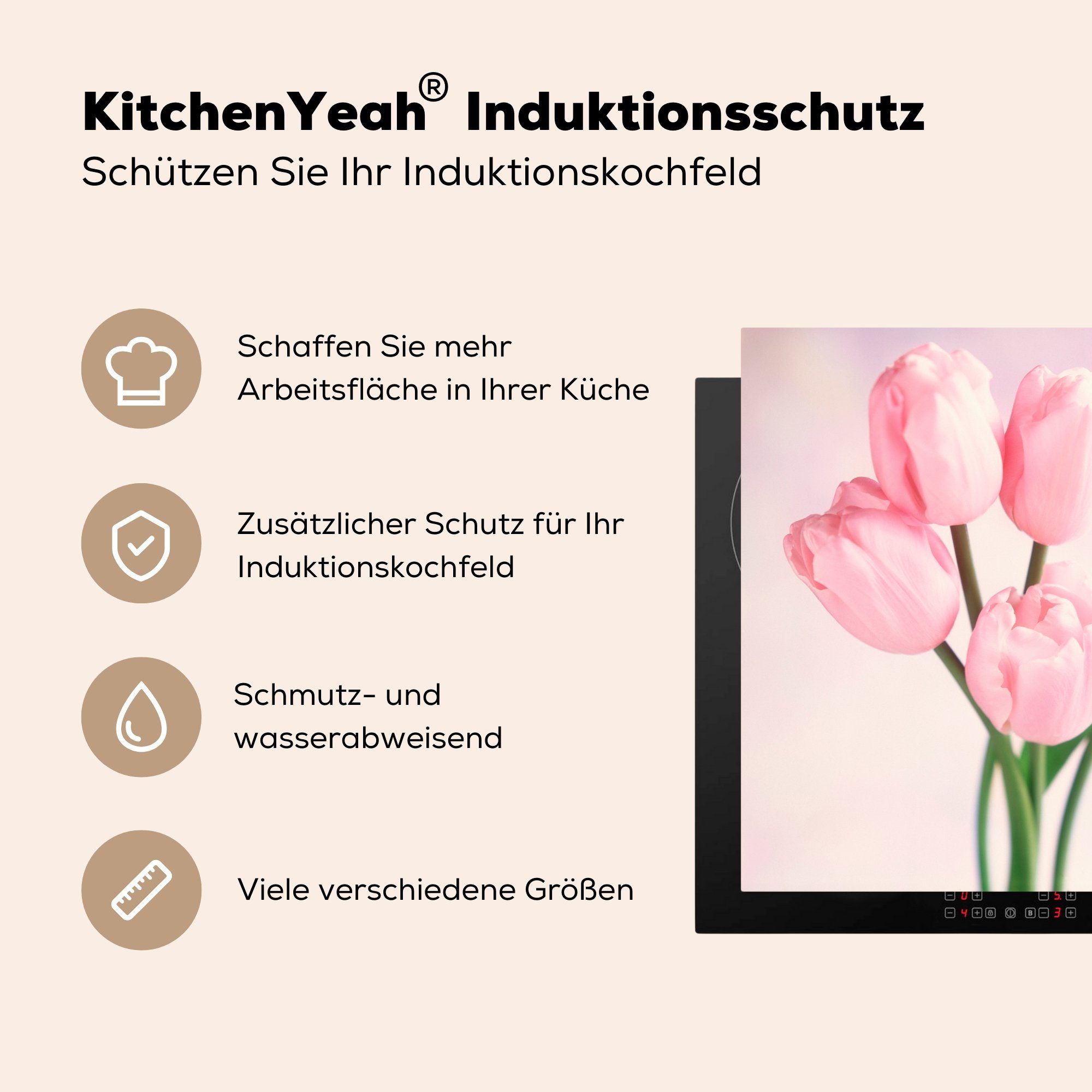 MuchoWow Herdblende-/Abdeckplatte Nahaufnahme von cm, Ceranfeldabdeckung, für Vinyl, (1 küche rosa 78x78 Tulpen, tlg), Arbeitsplatte
