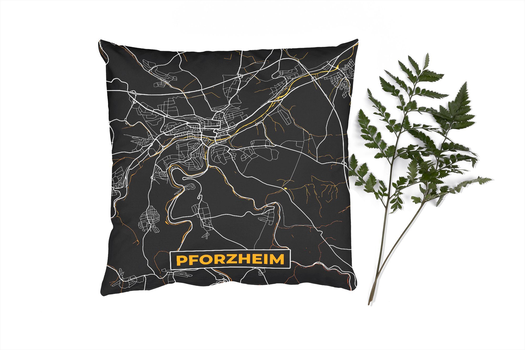 MuchoWow Dekokissen Pforzheim - Gold - Karte - Deutschland - Karte, Zierkissen mit Füllung für Wohzimmer, Schlafzimmer, Deko, Sofakissen