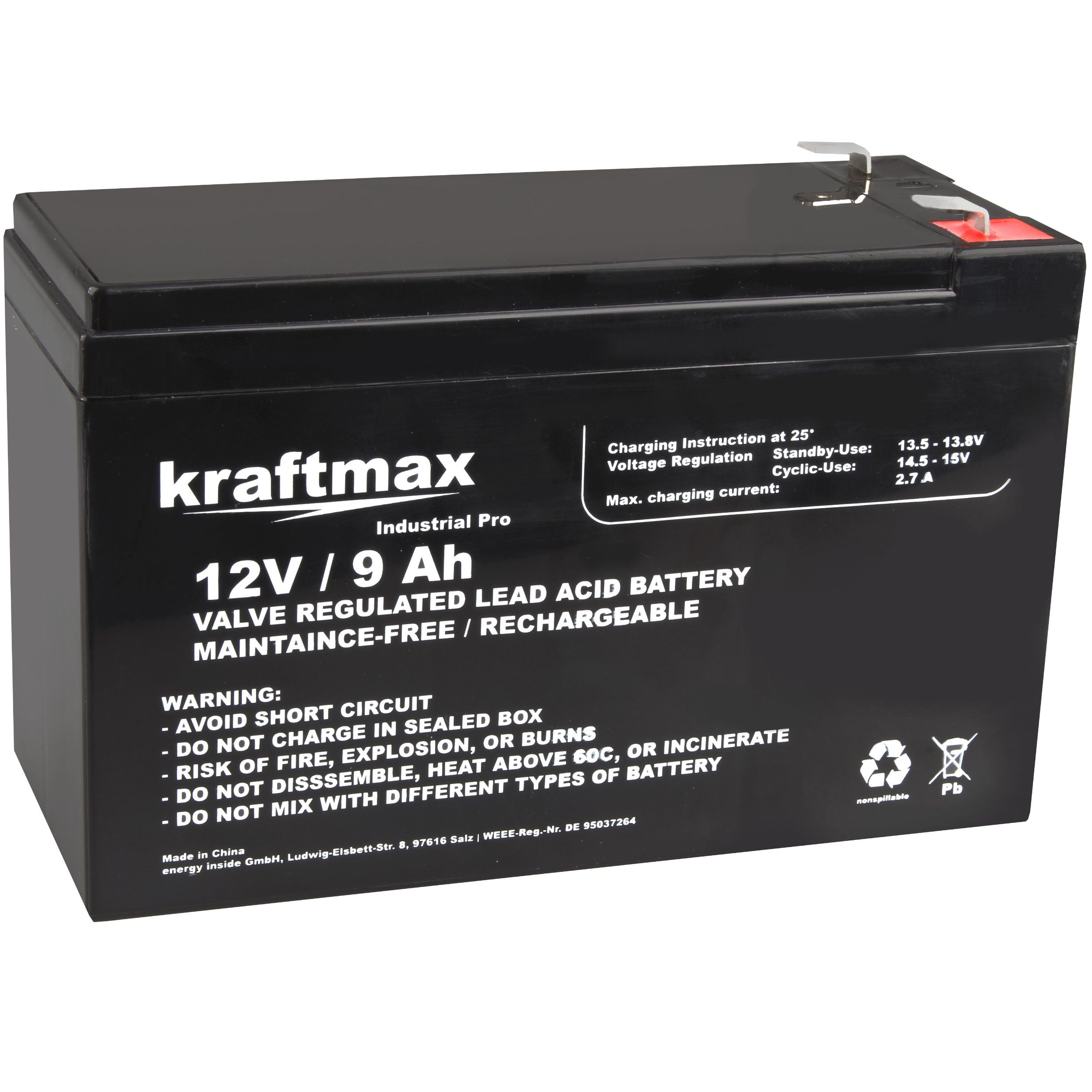 kraftmax Industrial Pro Bleiakku [ 12V / 9Ah ] AGM Hochleistungs- Blei Akku Bleiakkus