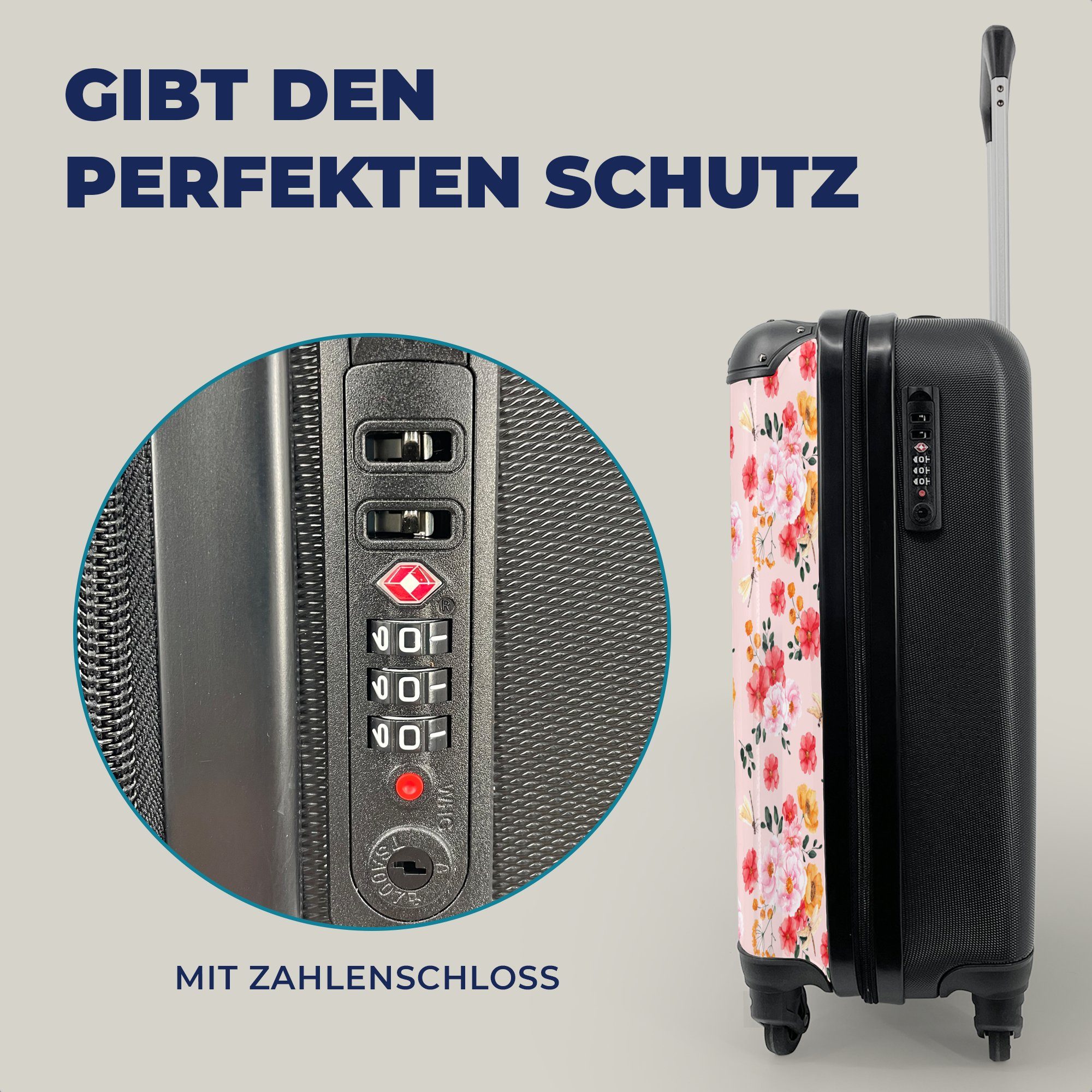 MuchoWow Handgepäckkoffer Blumen Muster, mit Rollen, Reisekoffer 4 - für - Handgepäck Reisetasche Trolley, Rosa Ferien, rollen